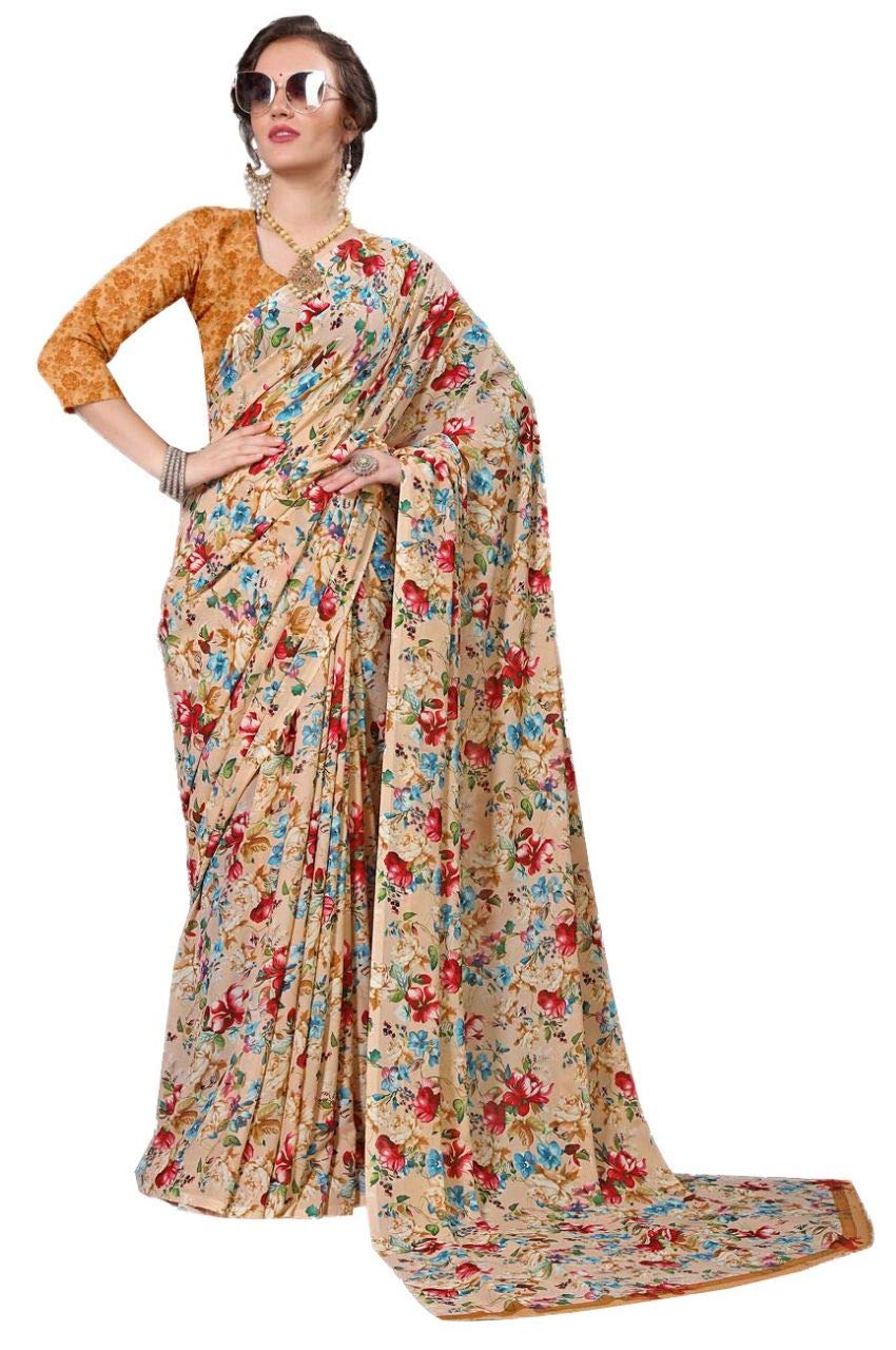 Mermaid Ocean Women's Georgette Floral Saree with Blouse Piece (ME0249, Beige Brown)