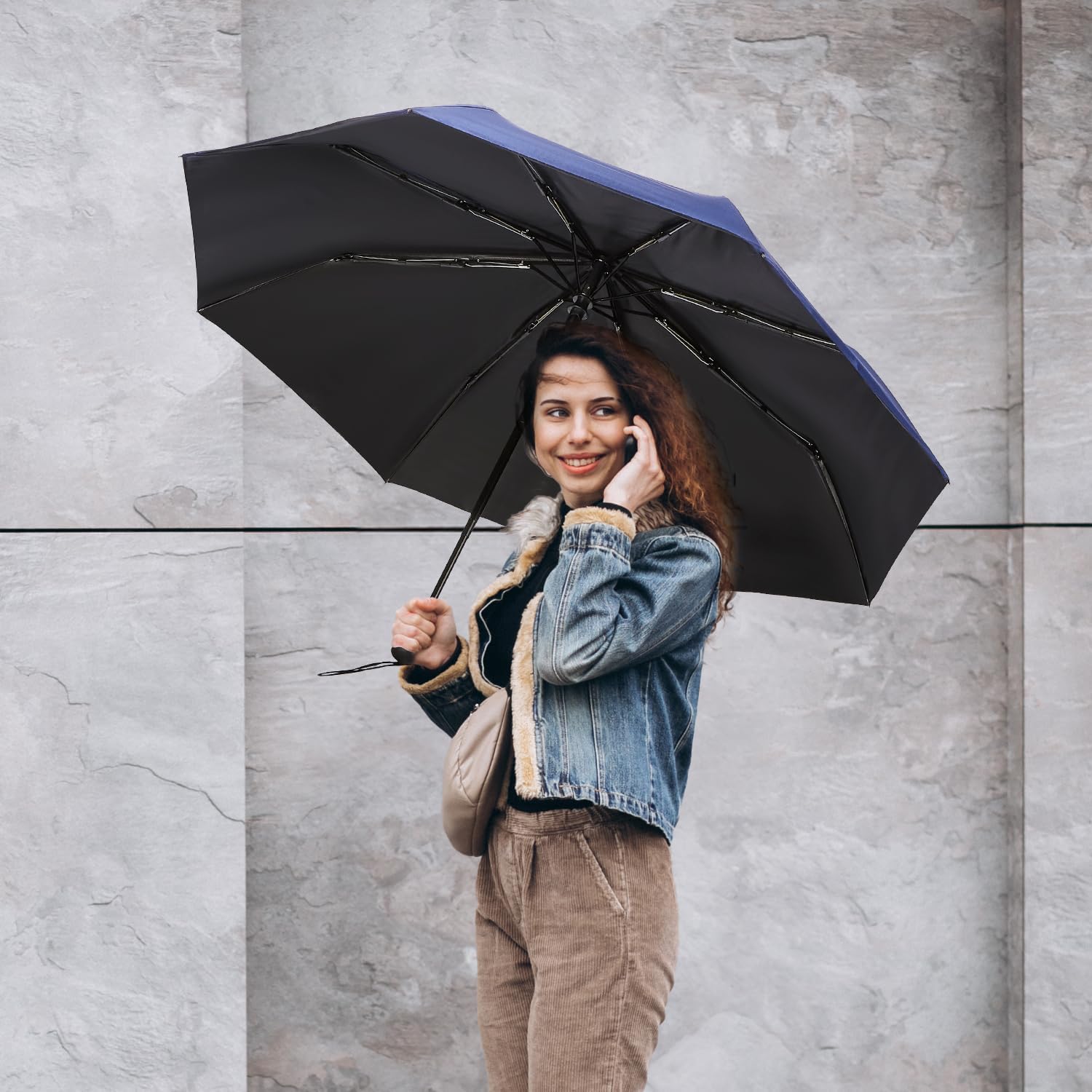 PRANIJ One-Click Auto Open/Close 3-Fold Travel Umbrella For Women, Men, & Kids, Sun & UV Protection Compact Lightweight Windproof Umbrella for Rain (Navy Blue) 4