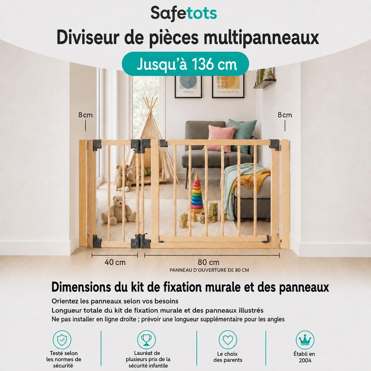 Safetots Séparateur de Pièce Multi-Panneau en Bois, Barrière Flexible avec Porte pour Bébé et Tout-Petit, Installation Facile, jusqu'à 136cm de Largeur x 76cm de Hauteur, Couleur Bois Naturel