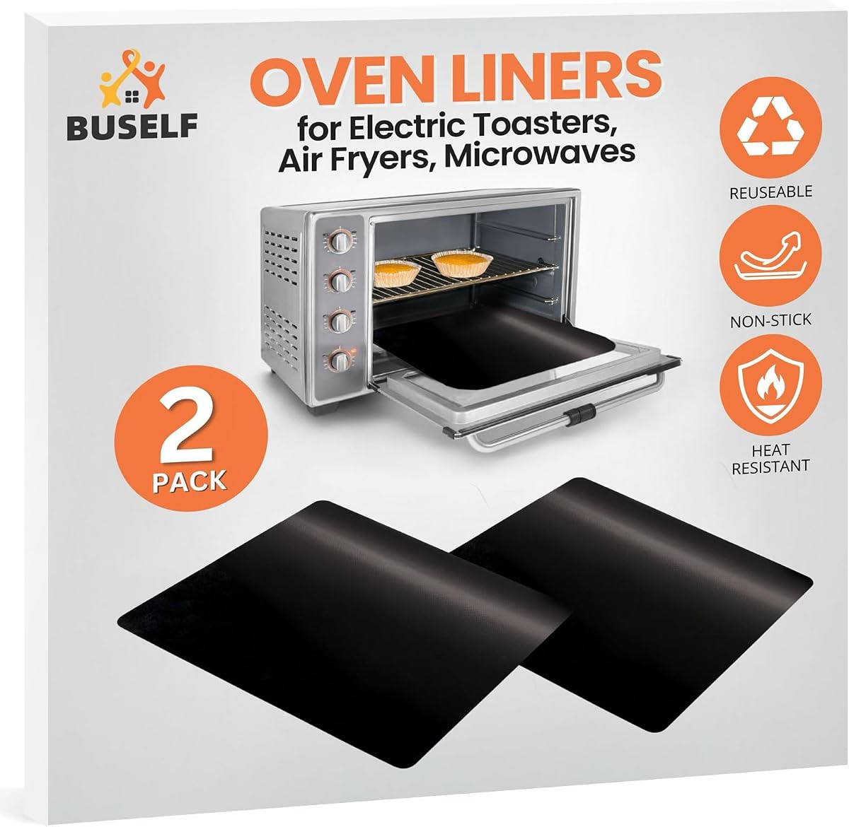 Buself Toaster Oven Liner – Compatible with Breville, Cuisinart, Black & Decker, Dash, and More – Nonstick Heat Resistant Reusable Air Fryer Liners, PFOA & BPA Free, 9x11", 2 Pack, Black