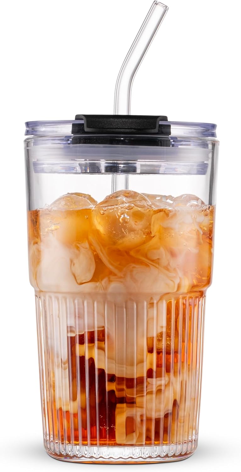 470ml/16oz Ribbed Glass Tumbler with Straw and Lid, BPA-Free Reusable Iced Coffee Cups with Lids, Thickened Coffee Tumbler for Office/Travel/Car (clear)