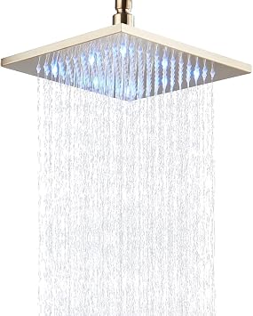 Bathroom Wall and Ceiling Mount Adjustable 12 Large Fixed Rainfall LED Shower Head Brushed Gold
