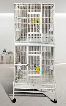 Extra Large Double Stacker Breeding Flight Bird Wrought Iron Double Parrot Bird Breeder Cage Side Nesting Box Doors Easy Clean Pull Out Metal Grate and Tray with Removalbe Rolling Stand