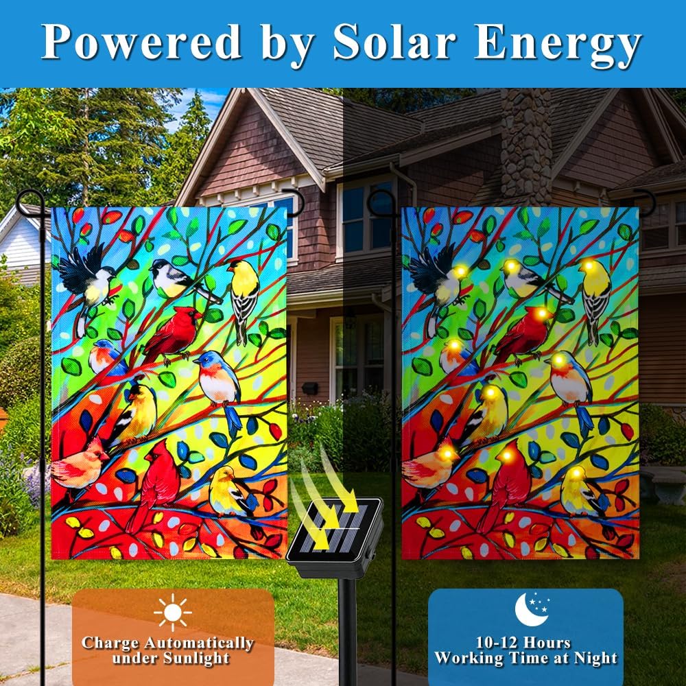 Lighted Tree Birds Garden Flags 12x18 Double Sided Solar LED Flashing Yard Flag for Lawn Outdoor Patio Decorations (Stand Not Included) - Image 2