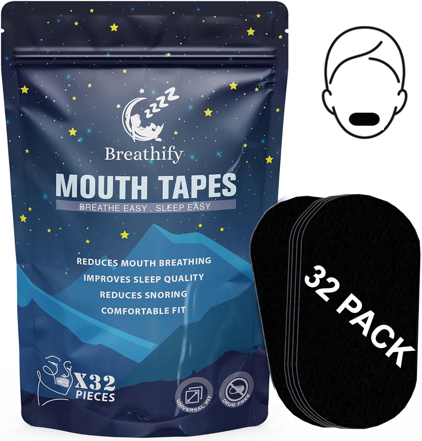 Mouth Tape for Sleeping 32 Pack (Black) – Sleep Tape, Hypoallergenic Sleep Strips, Medical-Grade Adhesive, Supports Nasal Breathing, Sleep Aid for Men & Women to Improve Sleep Quality by Breathify