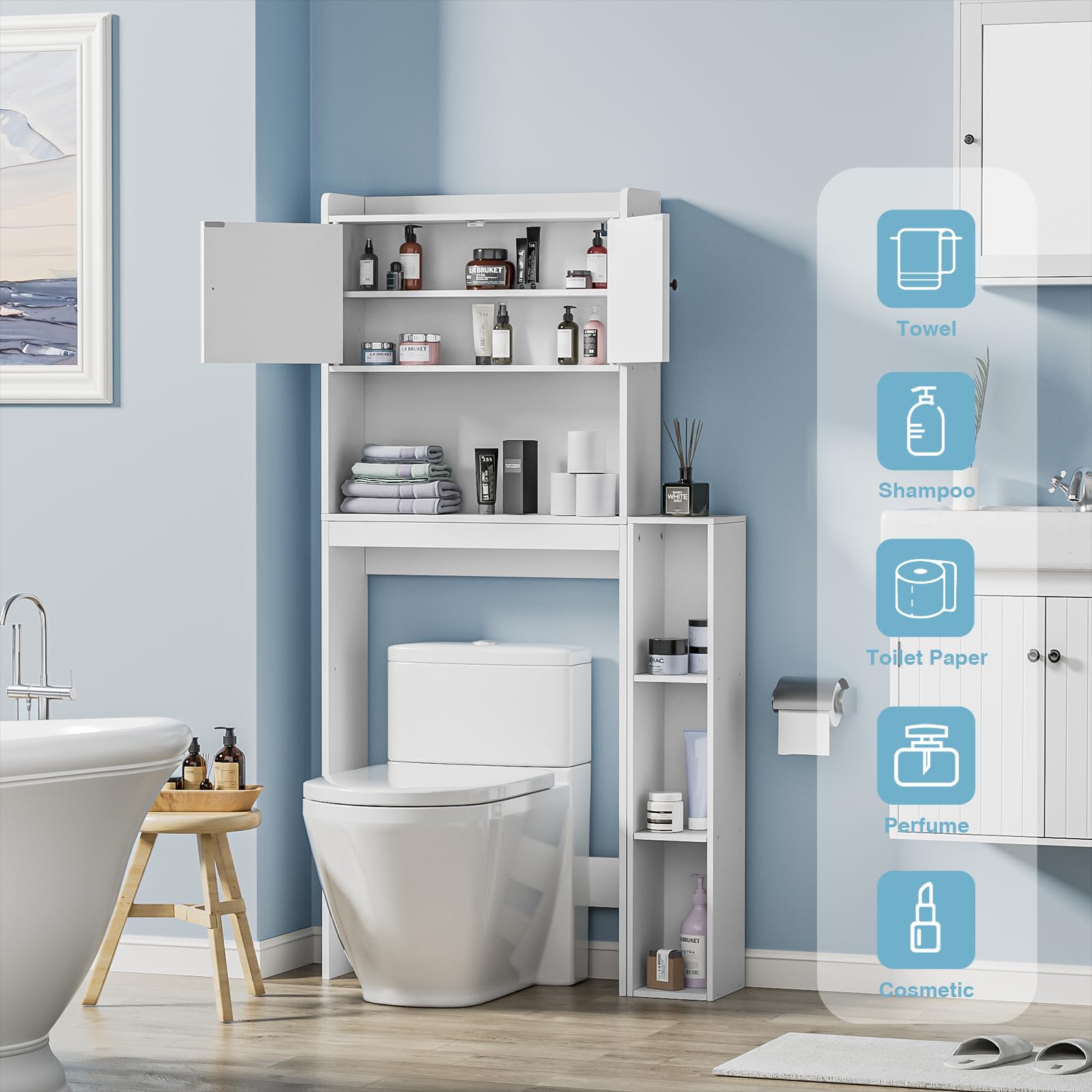 Waschmaschinenschrank mit 2 Türen - Weißer Badezimmerschrank 20x84x160 cm mit verstellbarem Einlegeboden & Seitenfach, 6 Fächer für Waschküche, Toilette & Bad