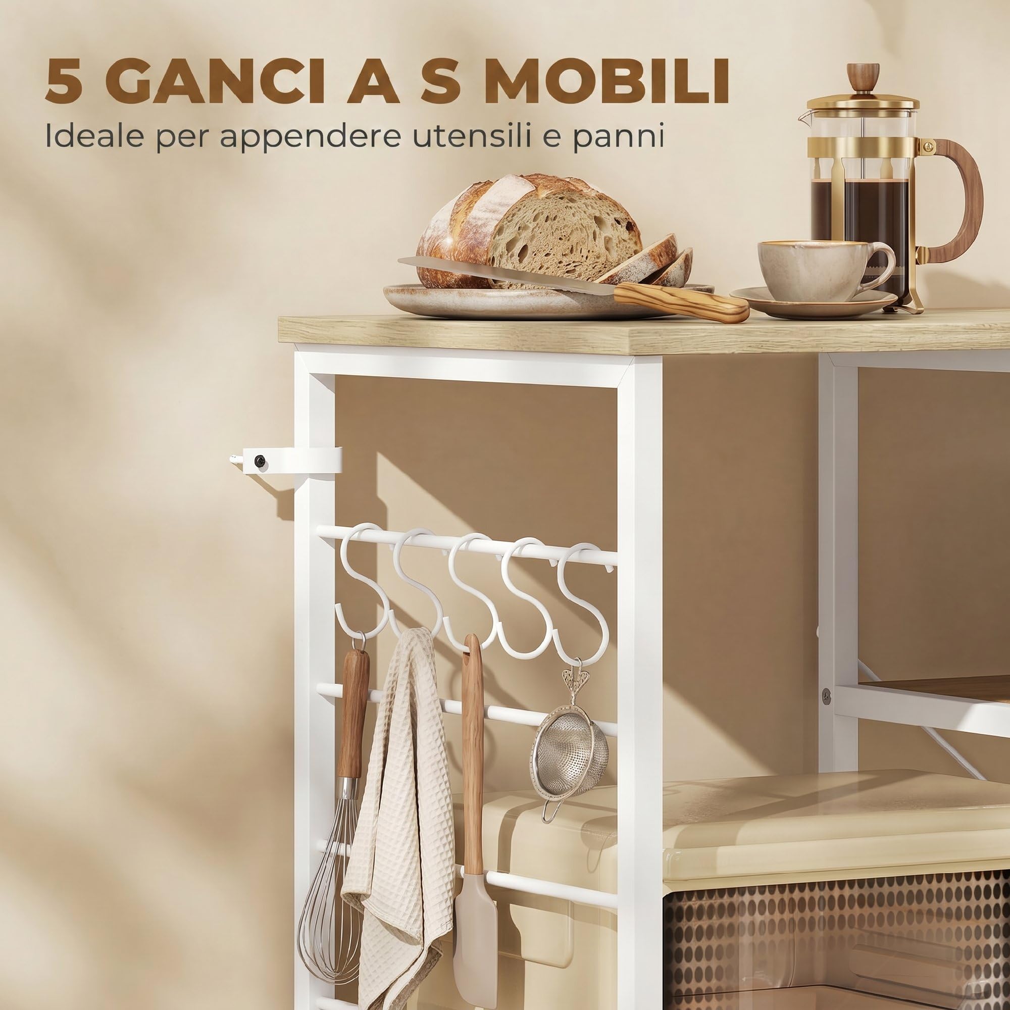 HOMCOM Scaffale Cucina con Ripiani, Scaffale Portaoggetti Salvaspazio in Legno e Metallo con 5 Ganci a S e Piedini Regolabili, per Spezie, Pentole e Padelle, 90x39x83.5 cm, Rovere