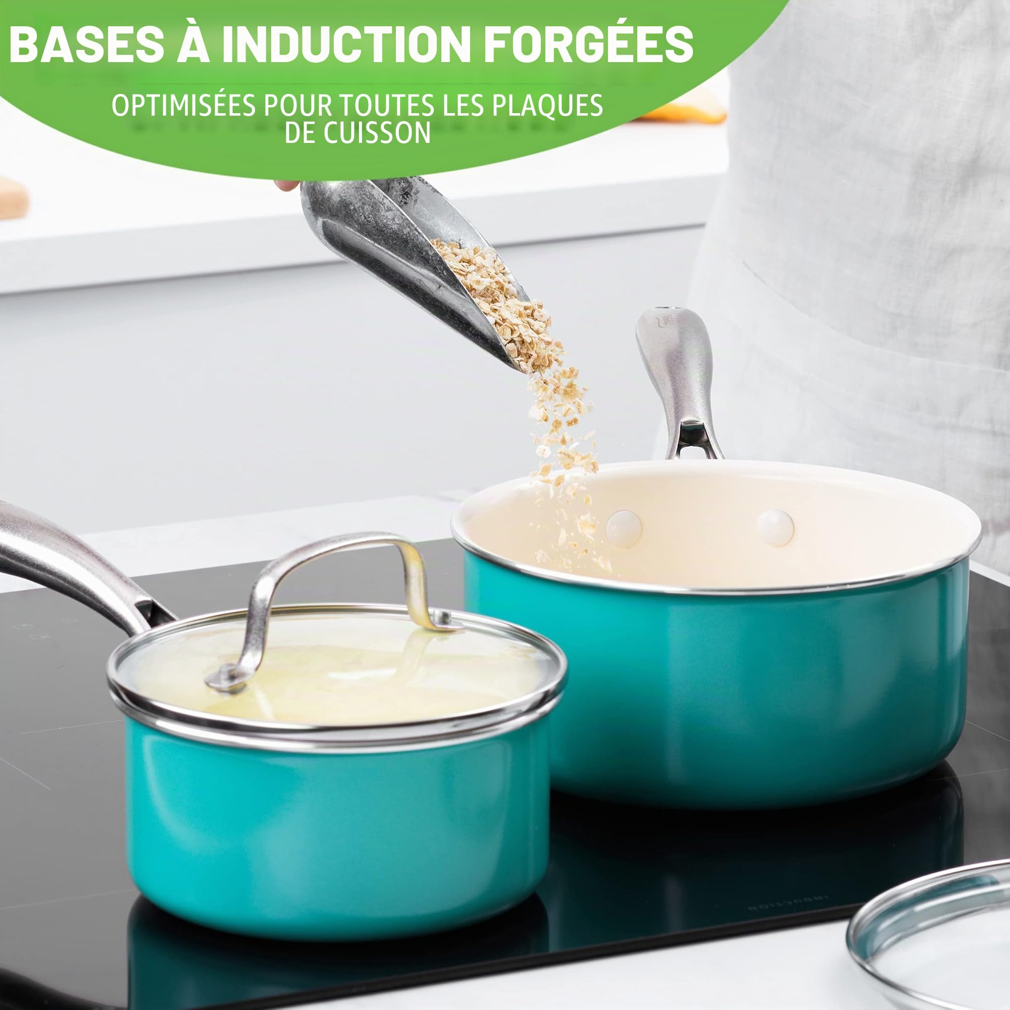 GreenLife Artizan Set de Casseroles 14cm/1L & 18cm/2L en Antiadhésive Céramique Saine, Sans PFAS, Poignée en Acier Inoxydable, Convient avec l'induction, Va au Lave-Vaisselle & au Four, Turquoise