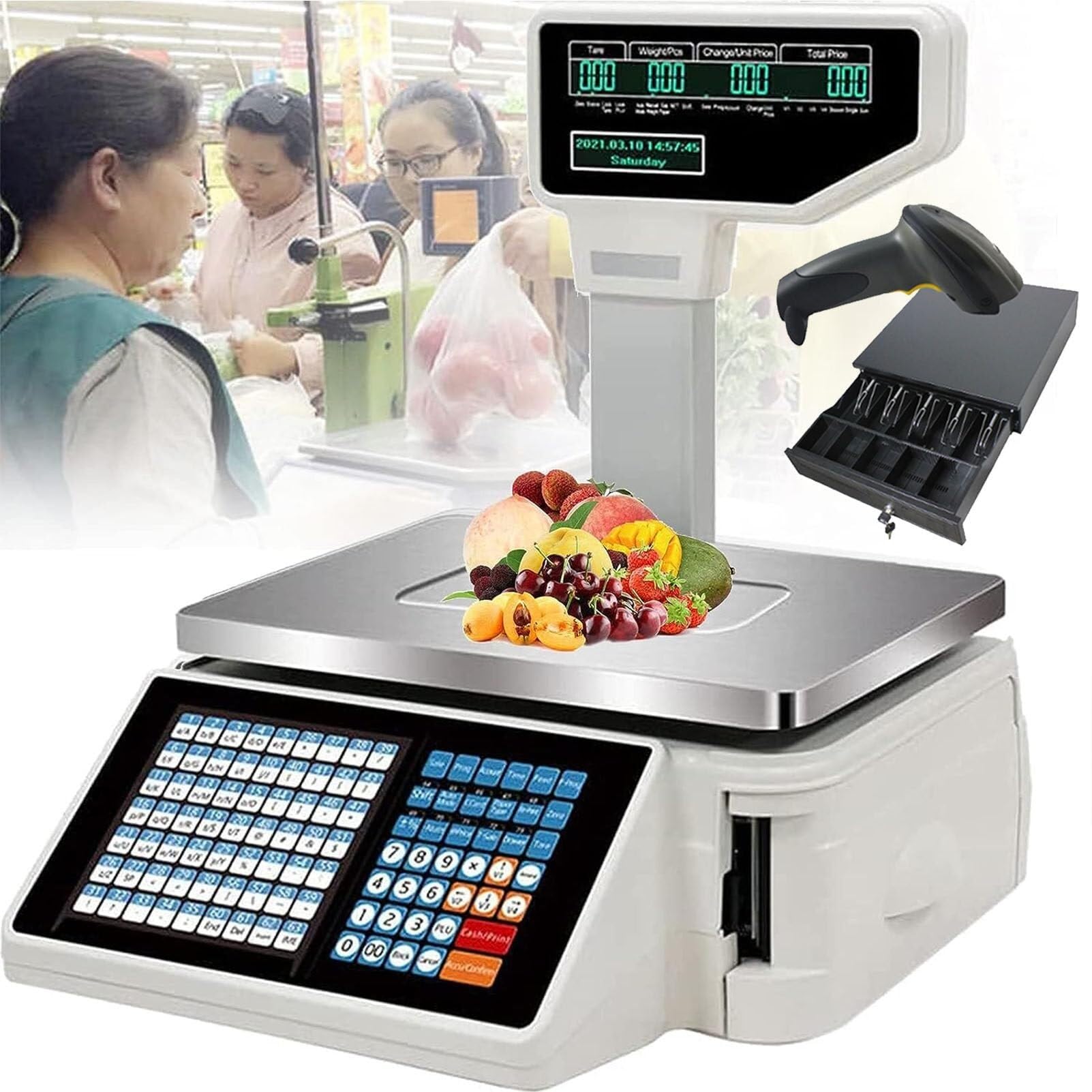 JKJZSALJ 30Kg Digital Price Computing Scale With Thermal Printer, Dual Lcd Display, 63 Shortcut Keys, & Receipt Printer For Supermarkets & Retail