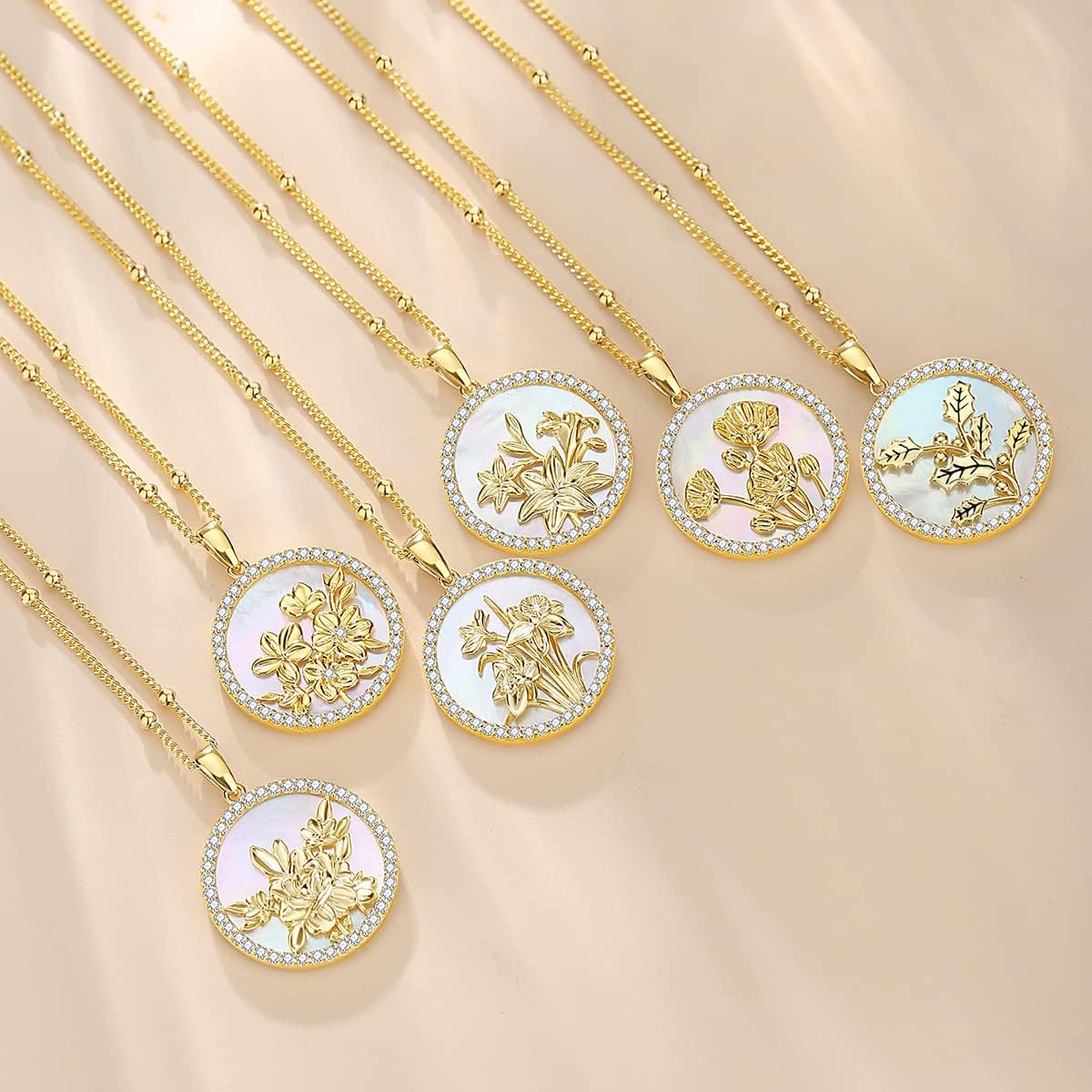 AGVANA Sterling Silver Birth Flower Necklace for Women Genuine Mother of Pearl CZ Round Disc Pendant Necklace Fine Jewelry Anniversary Birthday Gifts for Women Wife Mom Her