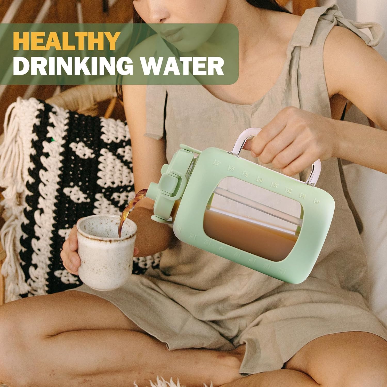 BLUEGO 64oz and 84oz Glass Water Bottles Bundle(64 LGreen + 84 White) with Straw and Lids Handle Large Water Tumbler with Sleeve, Glass Water Container, 2 Liter Water Jug Glass, BPA Free