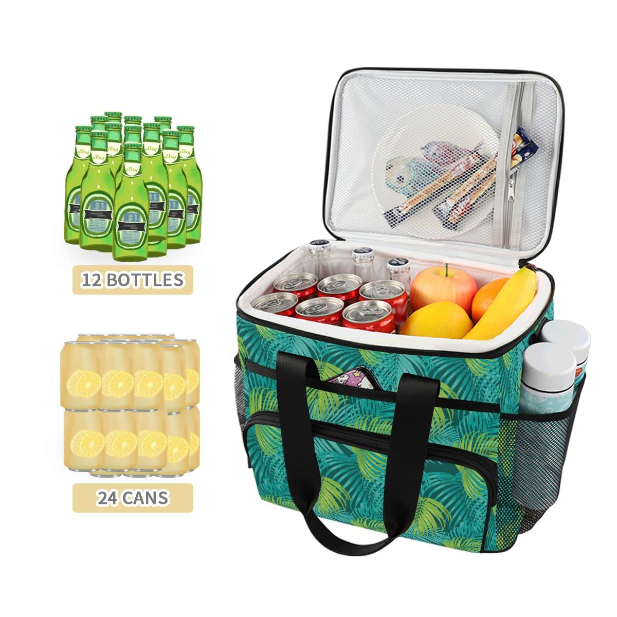 Bolsa de picnic de 15 L, 24 latas, bolsa de almuerzo aislada con hoja de palma, bolsas para viajes, camping, barbacoa, actividades al aire libre, asas, correa para el hombro