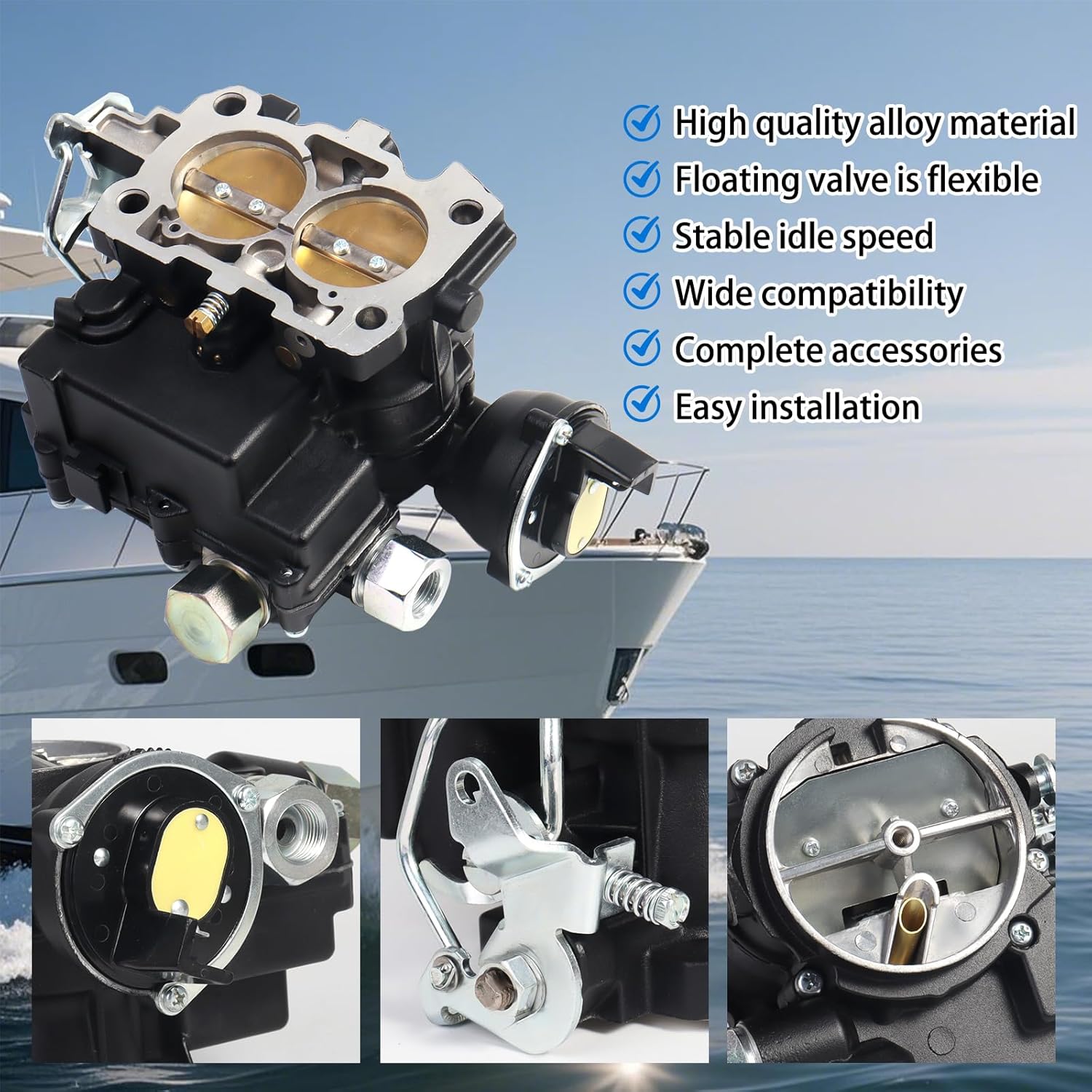Mercruiser 3.0 Carburetor, Black Marine Carb 2 Barrel for Rochester Mercruiser Carburetor 3.0L 2.5 4CYL Engine 3310-864940A01 3310-8M0045397 Mercarb, w/Electric Choke & Short Long Linkage Gasket Kit
