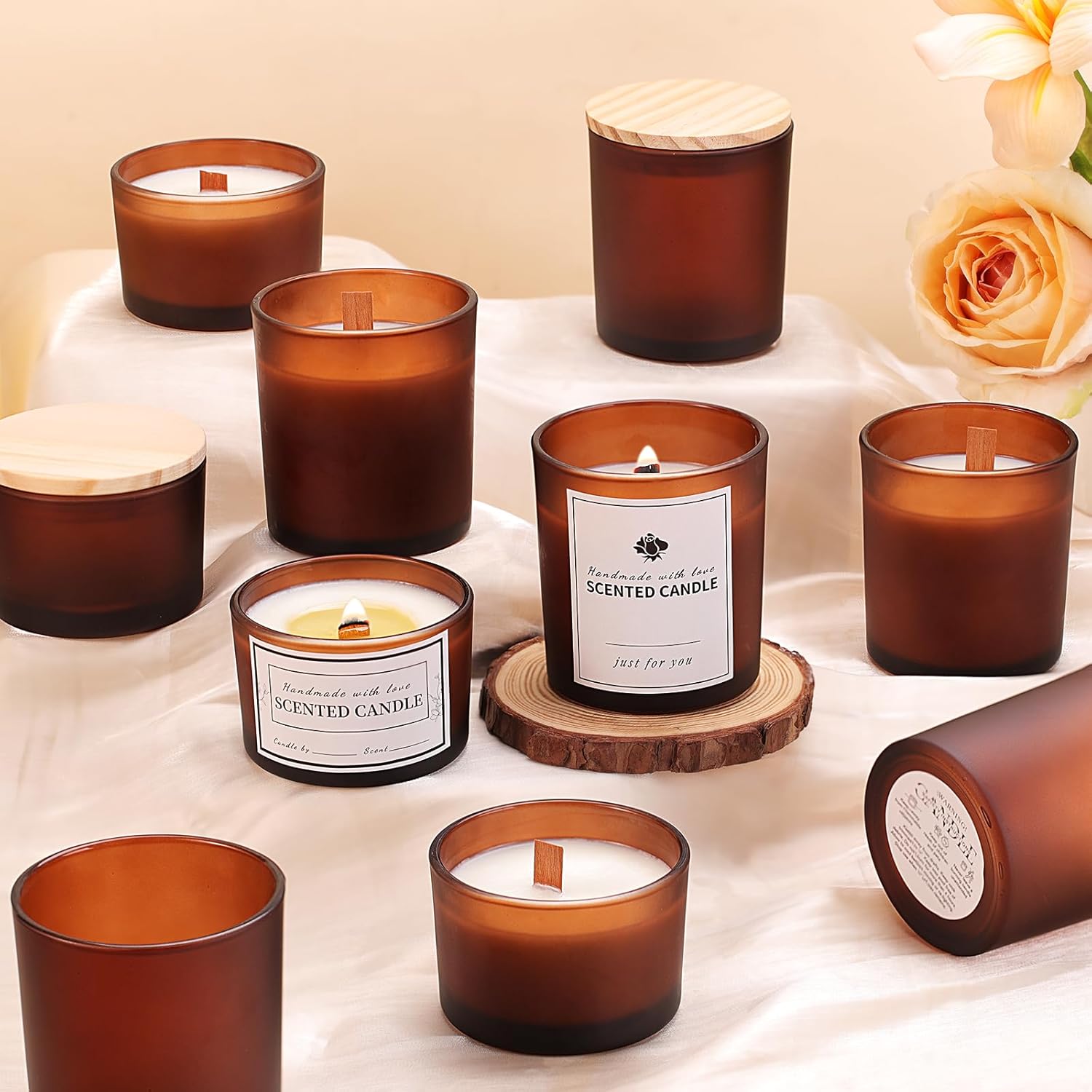 sunnyfuture 16 Pack Matte White Candle Jars, 8pcs 7oz + 8pcs 4oz Candle Jars for Making Candles with Wooden Lids and Labels for DIY, Gifts, Home