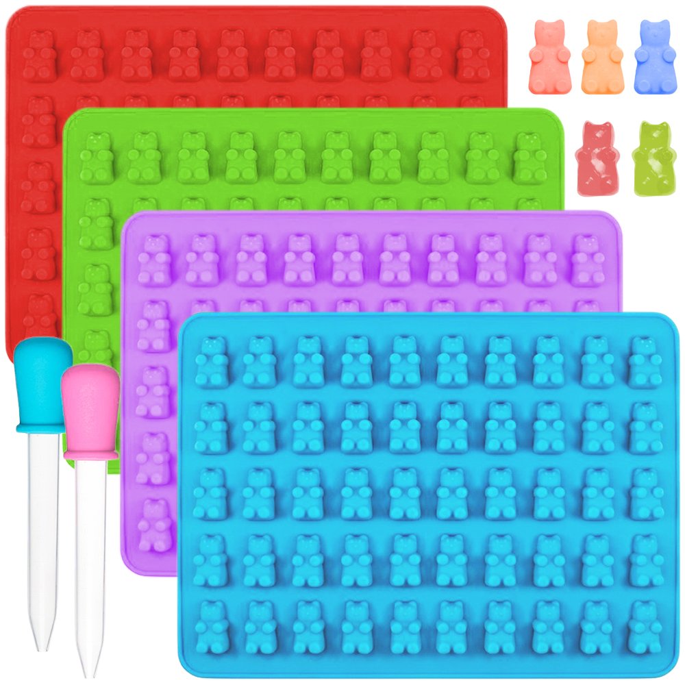 IHUIXINHE Silicone Gummy Bear Molds & Ice Cube Trays, 50-Cavity Silicone Candy Moulds 2 Droppers Perfect for Chocolates Fudge Ice Cubes, Jelly, Gumdrop Soap Molds,4PCS (Blue, Green, Red ,Purple)