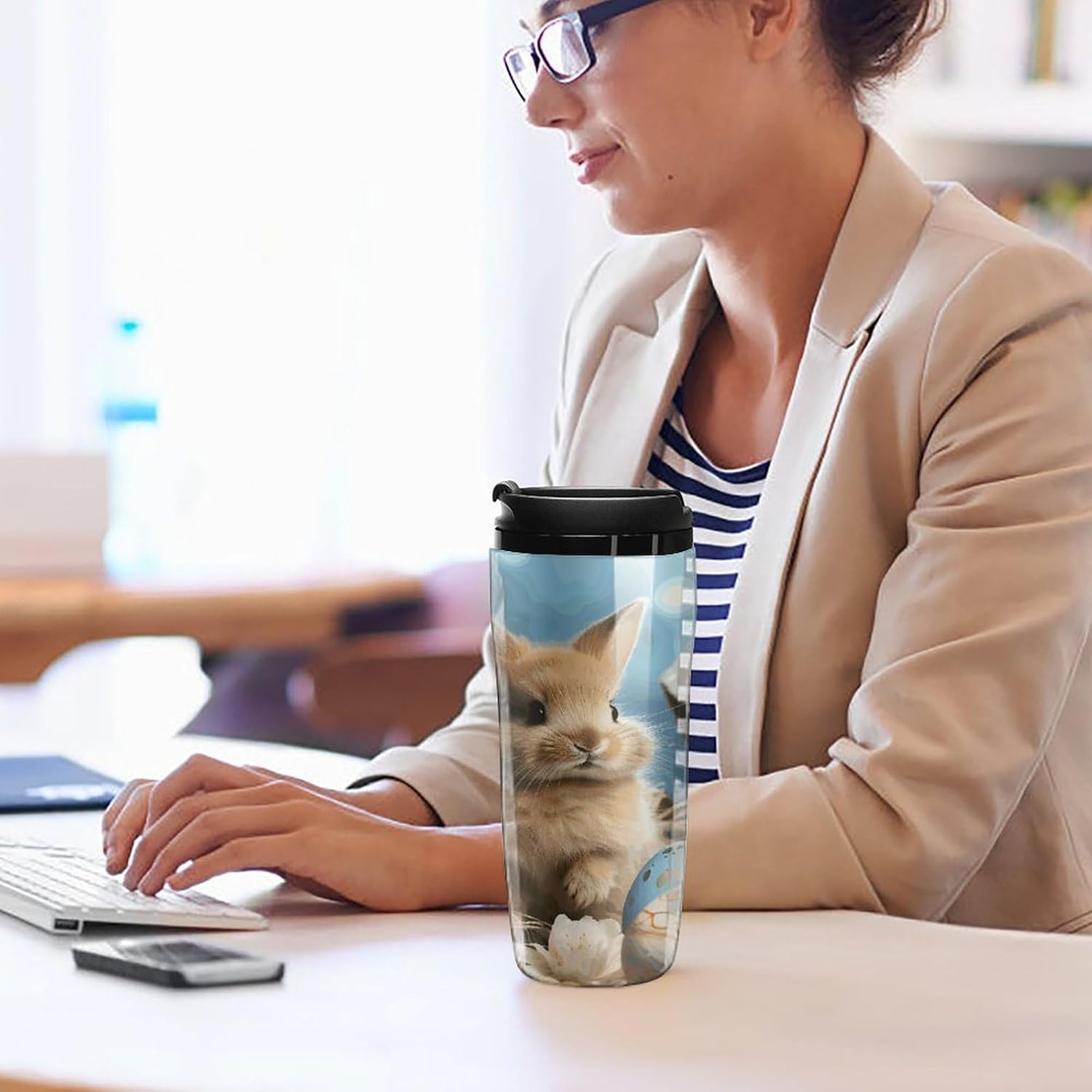 Cute Easter Eggs Rabbit Coffee Cup Reusable Portable Water Bottle with Double-Walled Plastic,Coffee Mug for Hot & Cold Drinks, Cup Holder Friendly 350ml