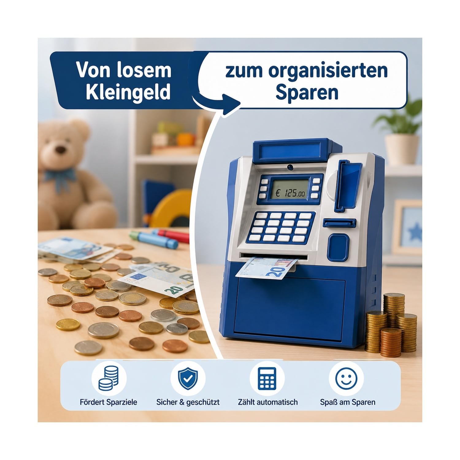 Elektronische Spardose Kinder mit PIN-Code & Karte, Sound & Licht