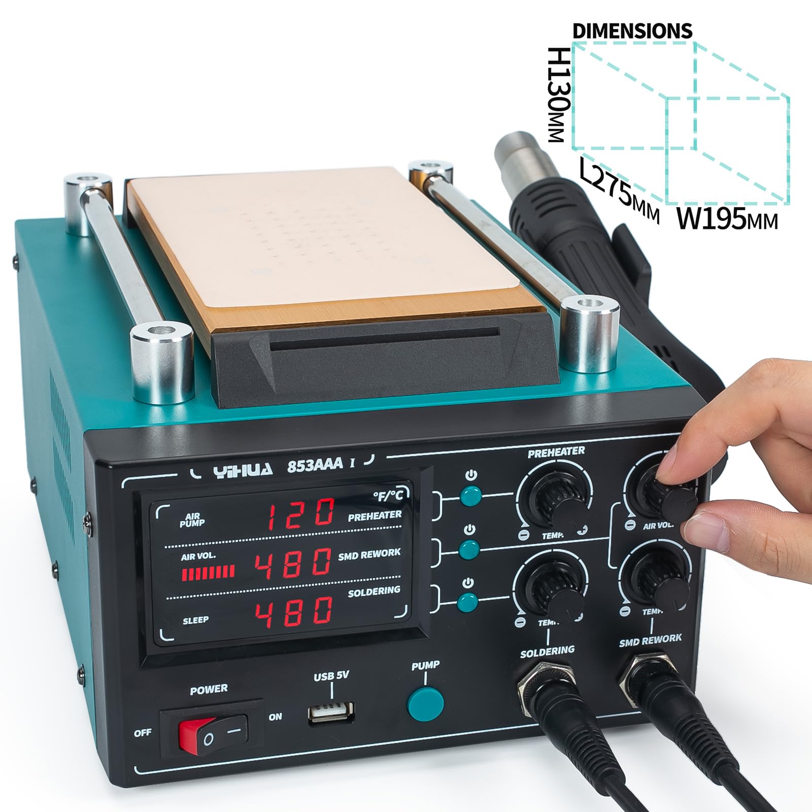 YIHUA 853AAA-I Stazione di Rilavorazione con Saldatore, Pistola ad Aria Calda e Separatore per Schermo LCD con Pompa a Vuoto 3-IN-1 e Porta USB da 5V.