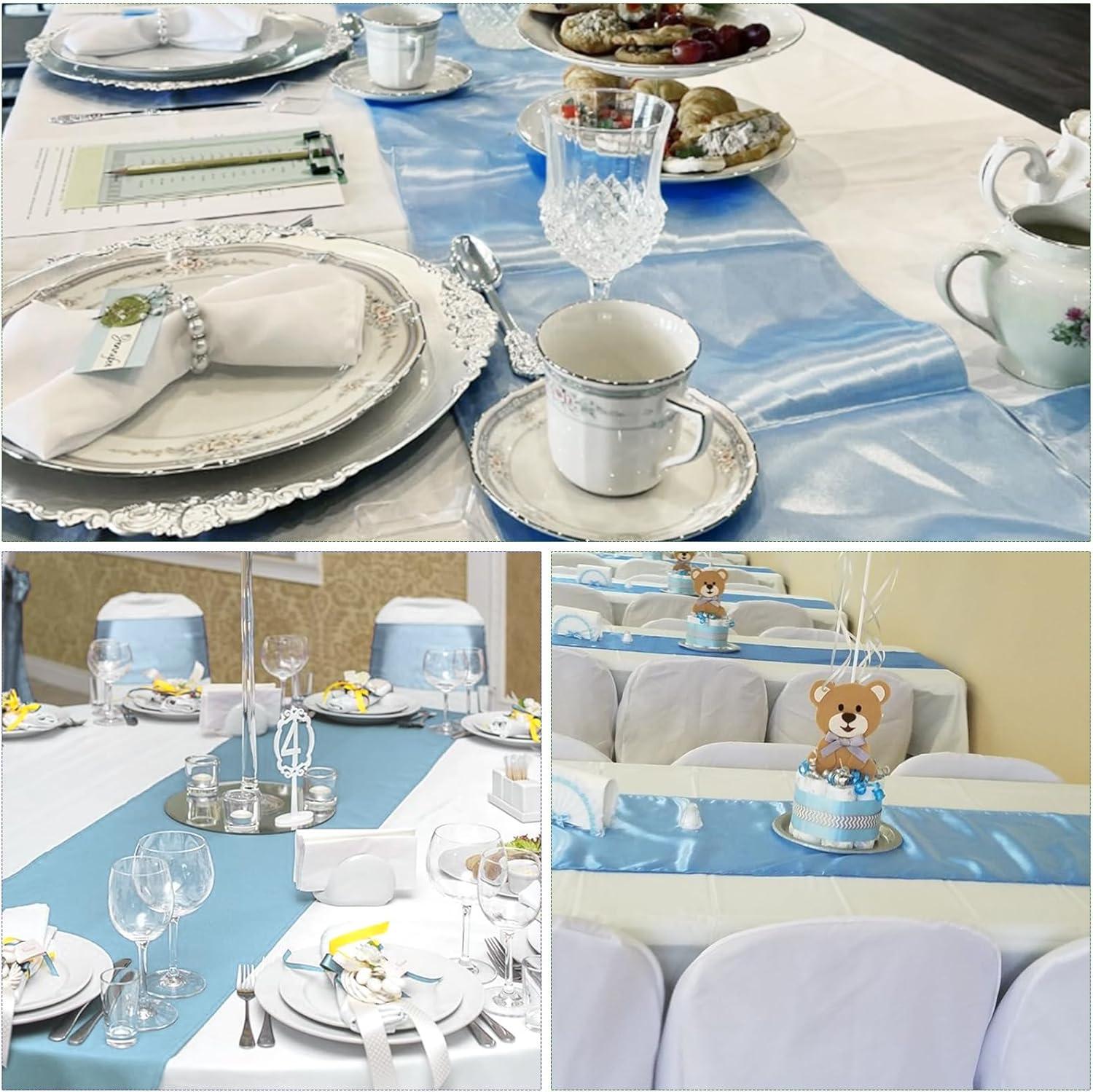 12Pack 12x108 Inch Satin Table Runner and 54x108Inch Plastic Tablecloths White Light Blue Disposable Rectangle Table Cover for Graduation Wedding Bridal Shower Anniversary Birthday Party Decorations