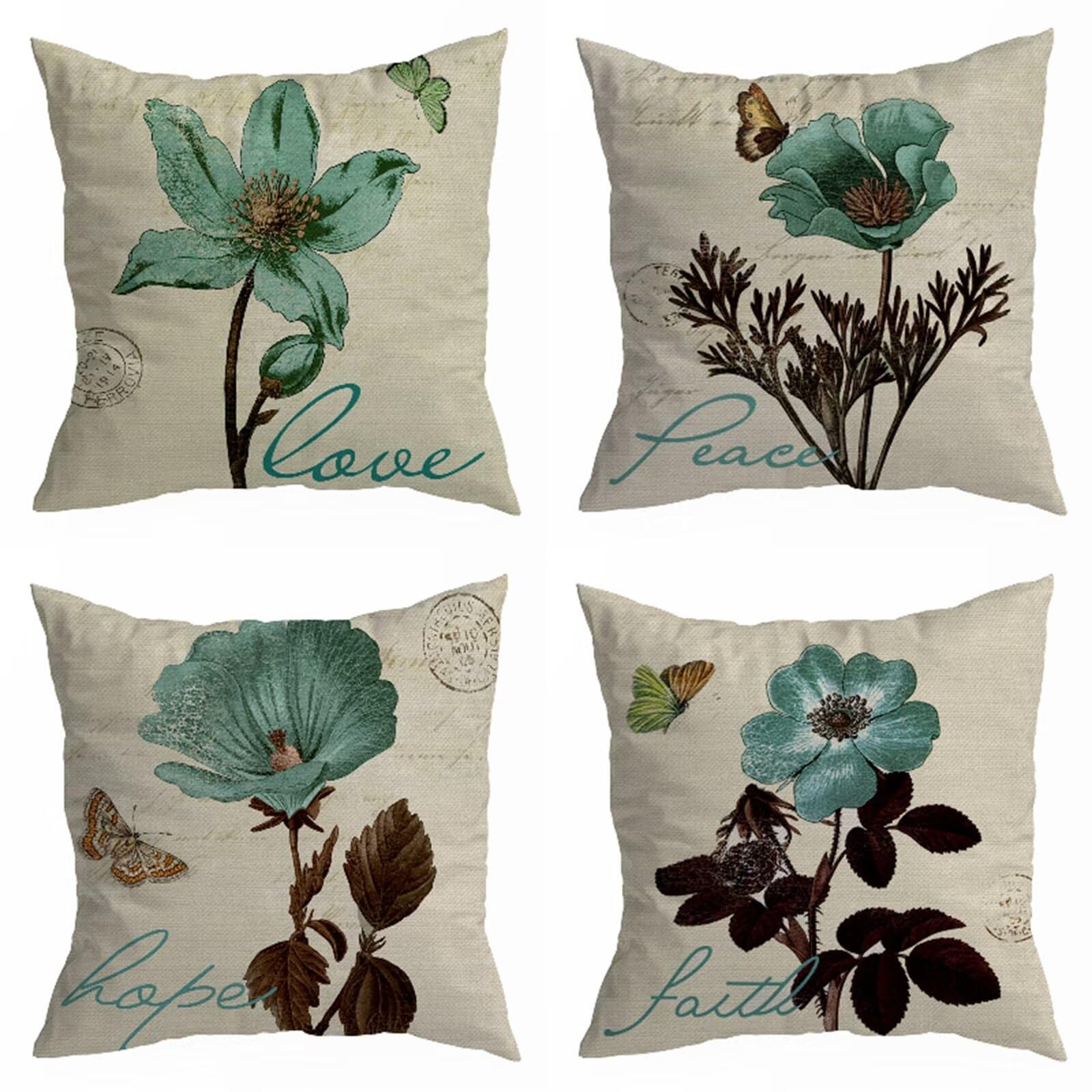 Juego de 4 Azul Moderno Fundas de Cojines,Flores abstractas Cojines Decoracion Impermeable 65x65cm,Otoño Fundas Cojín suave Decorativas,Sofá Sala de Estar Exterior Jardín Cojin,Cremallera Oculta HY593