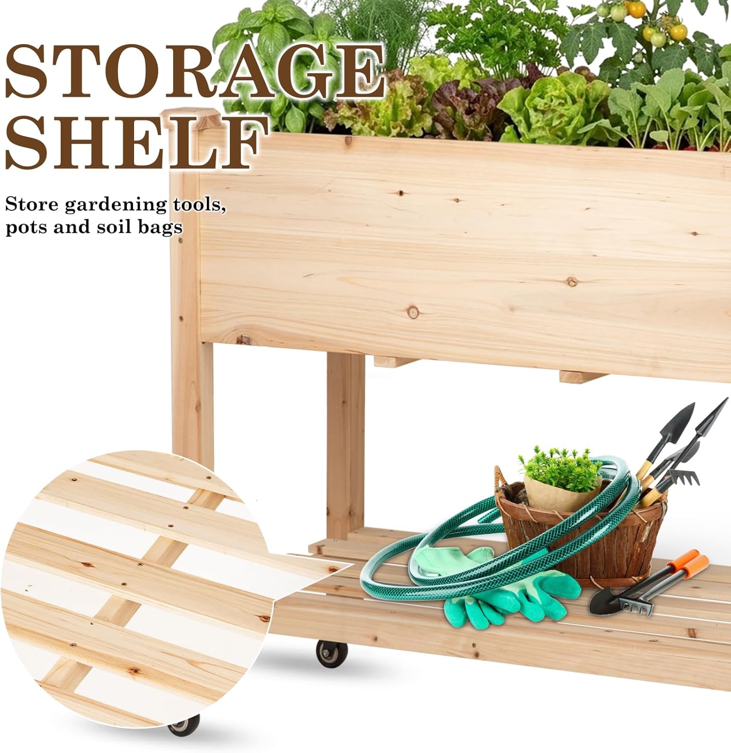 Raised Garden Bed with Lockable Wheels, 32x16x32 inch Elevated Wood Planter with Storage Shelf Protective Liner for Vegetable Flower Herb Outdoor Balcony Patio Backyard, Natural