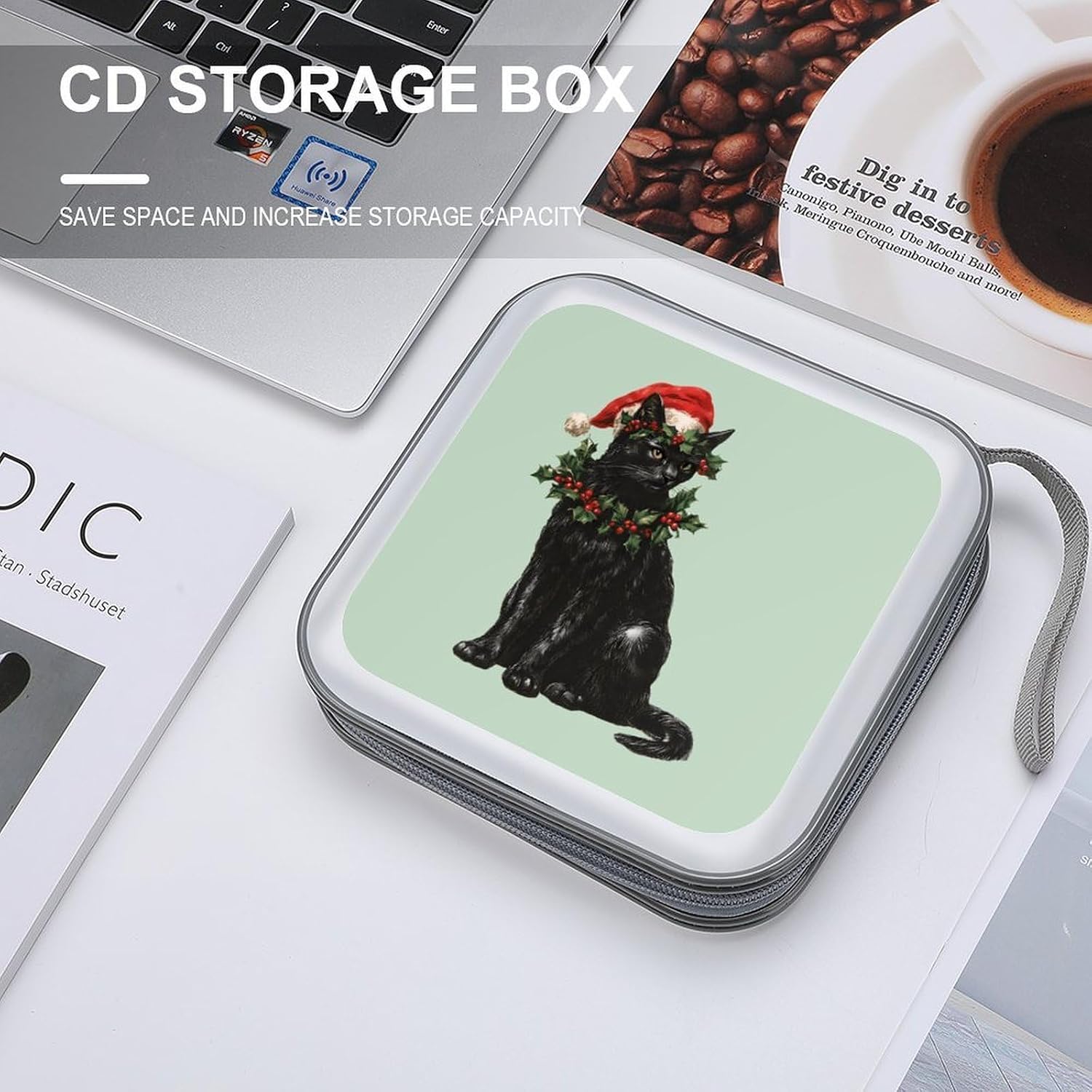 Vintage Cat Santa Hat Protective CD Case Storage Rack 40 Capacity DVD Holder Organizer Car Travel