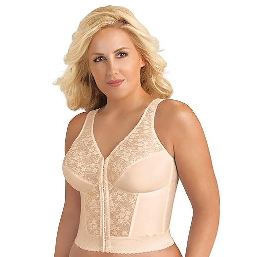 Exquisite Form FULLY Full-Coverage Slimming Longline Posture Bra, Front Closure, Lace, Wire-Free #5107565, Rose Beige, 42D