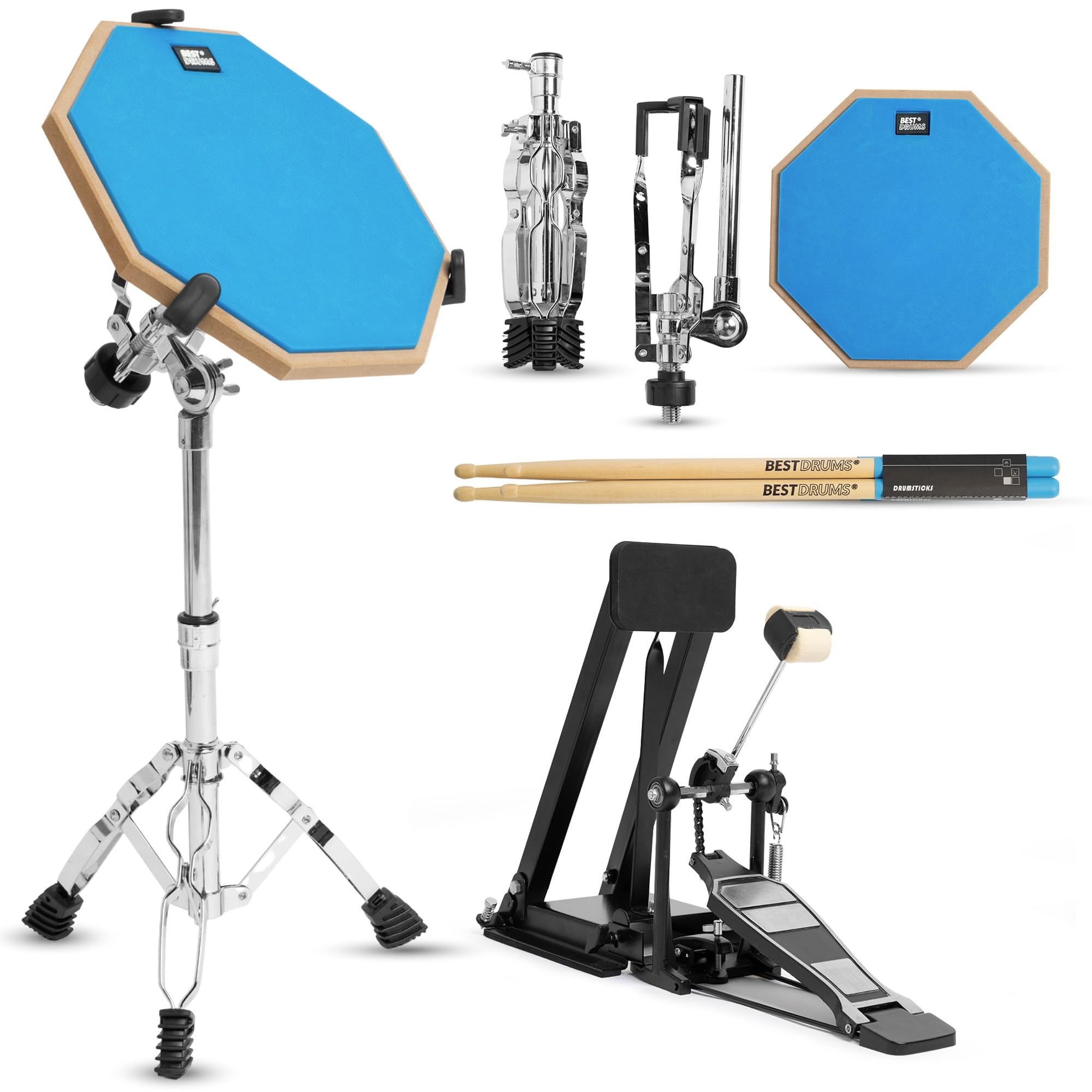Pack Práctica Batería Silenciosa Completo – Drum Pad Alta Densidad + Soporte Ajustable + Pedal Bombo con Cadena + Pad Silenciador + Baquetas 5A | Entrenamiento en Casa