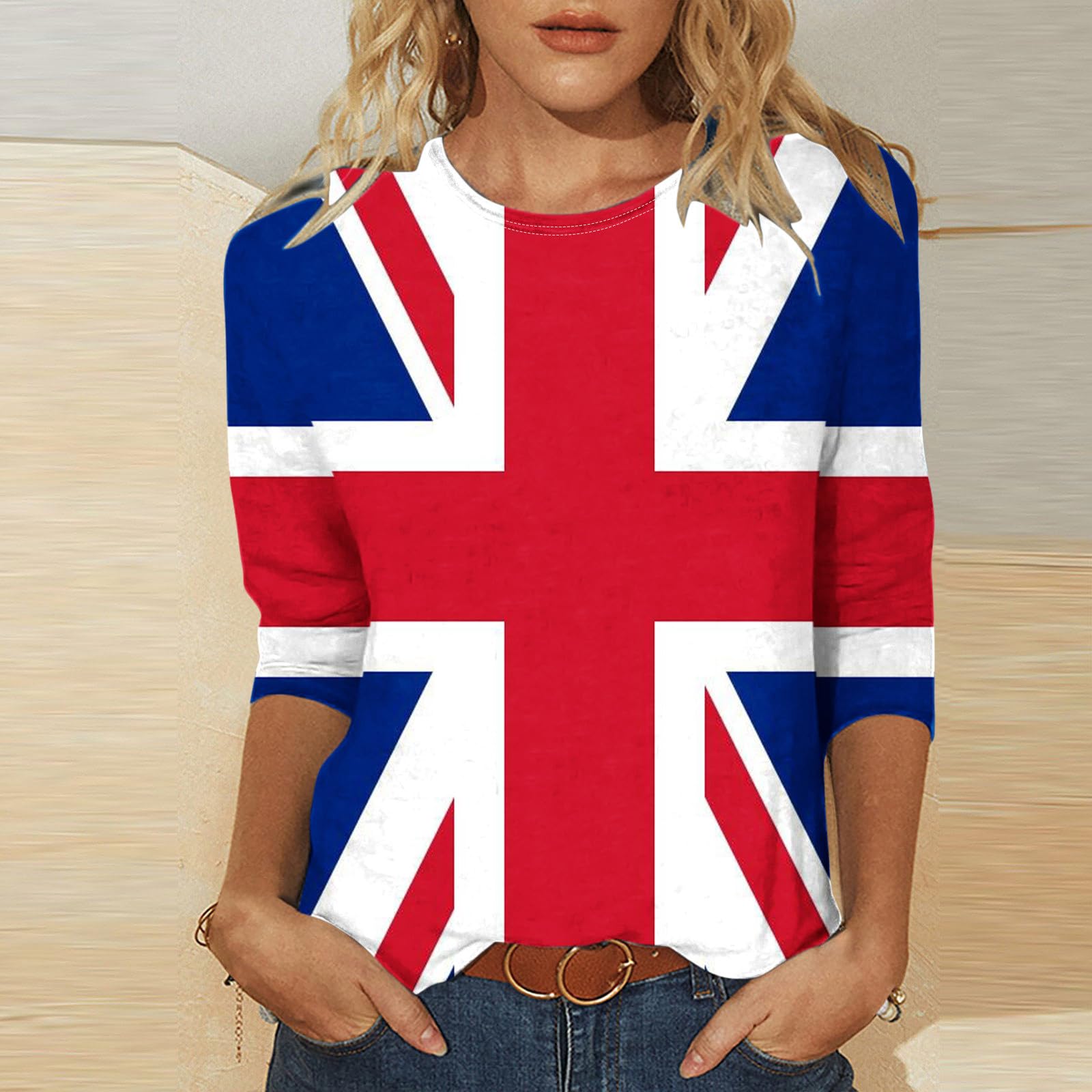 T-shirt graphique à manches 3/4 pour femme - Bloc de couleurs - Drapeau Union Jack britannique - T-shirt décontracté à motif géométrique - Pull à manches trois quarts - Hauts longs - Tailles S à 3XL