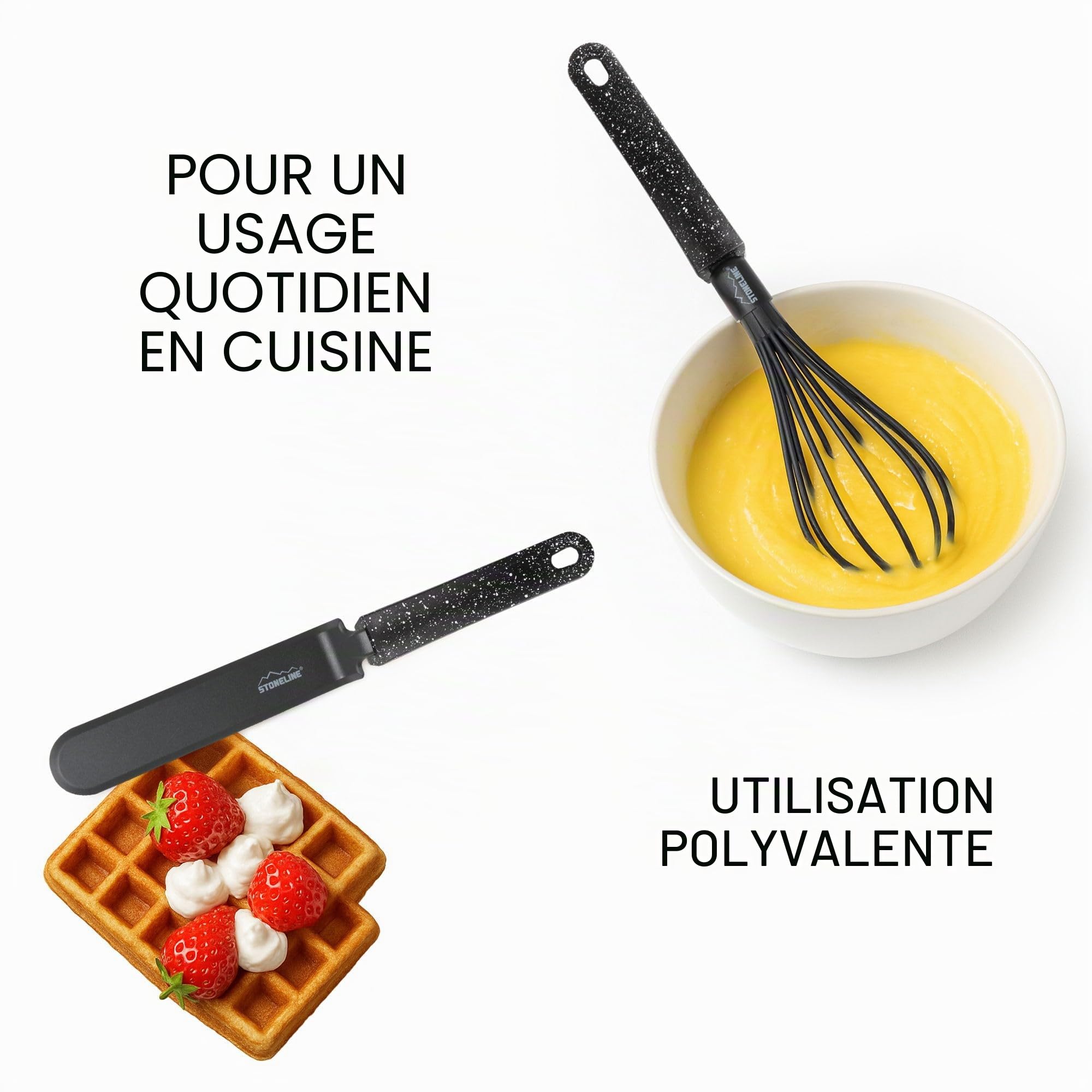 STONELINE Set d'Ustensiles de Cuisine 9 pcs, en Plastique et Design Original STONELINE, avec Support en Plastique, adapté aux Ustensiles de Cuisine à Revêtement Antiadhésif, Noir