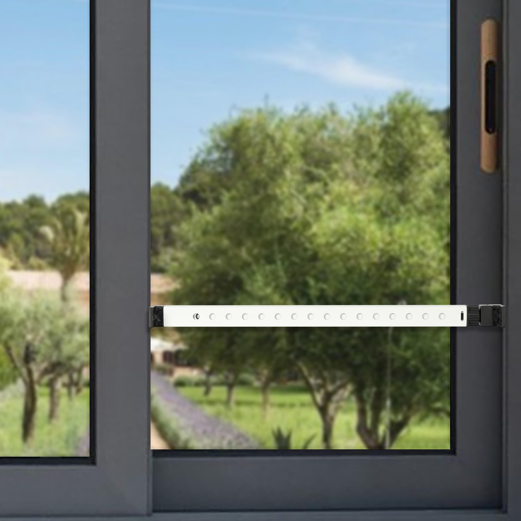 Barra de seguridad mejorada de 2 secciones con bloqueo antielevación a prueba de niños, fácil de instalar para ventanas colgantes individuales o puertas de patio estrechas, extensible (16-3/8 pulgadas