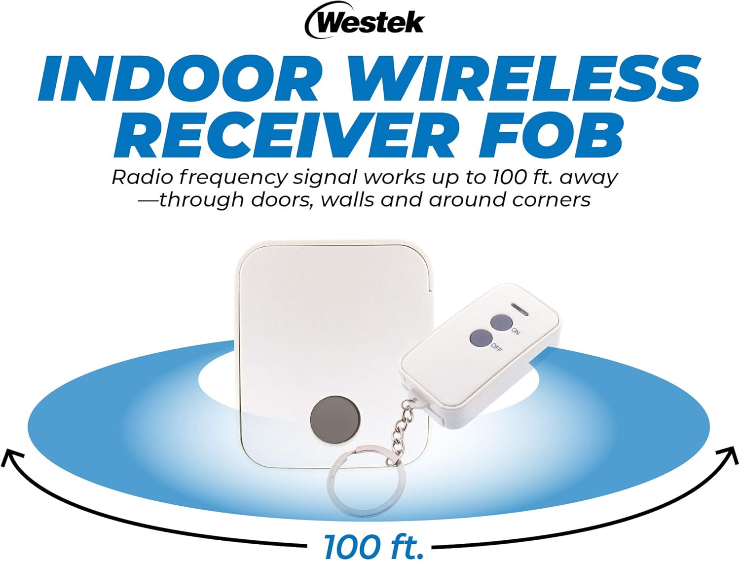 Image showing the Westek Indoor Wireless Receiver Fob and its remote, illustrating a 100 ft radio frequency signal range.