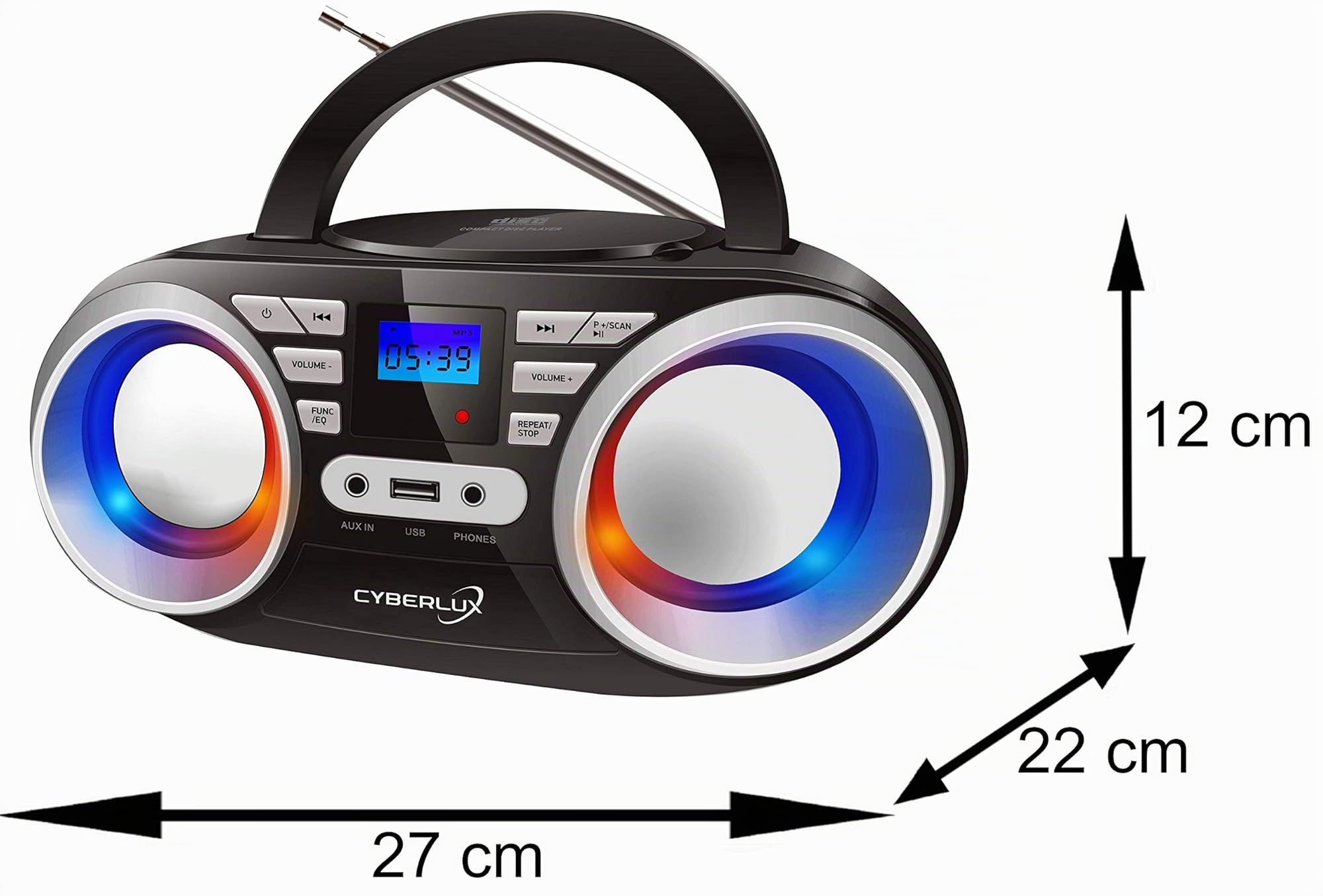 Tragbarer CD-Player | LED-Disco-Lichter | Boombox | CD/CD-R | USB | FM Radio | AUX-Eingang | Kopfhöreranschluss | 20 Speicherplätze | Kinderradio | CD-Radio | Kompaktanlage (Black/Sunny Silver)