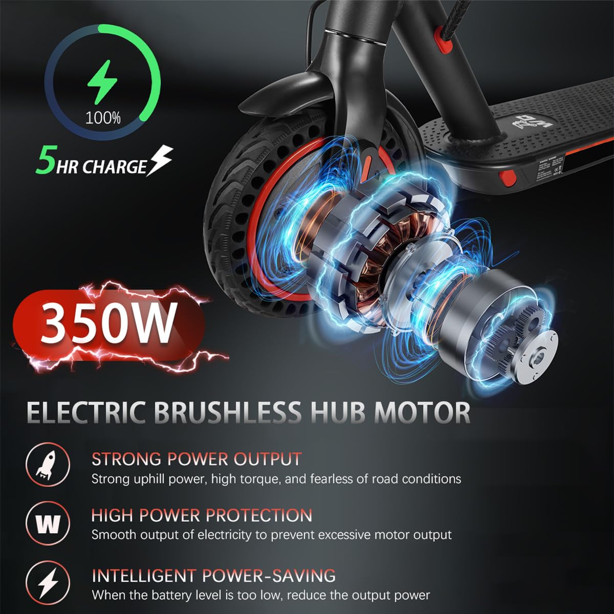 Patinete eléctrico con sistema de frenado doble, carga de hasta 264 libras, alcance de 18 millas, LED, 20 km/h, motor de 350 W, neumáticos de panal de 8,5 pulgadas, con soporte para teléfono móvil y