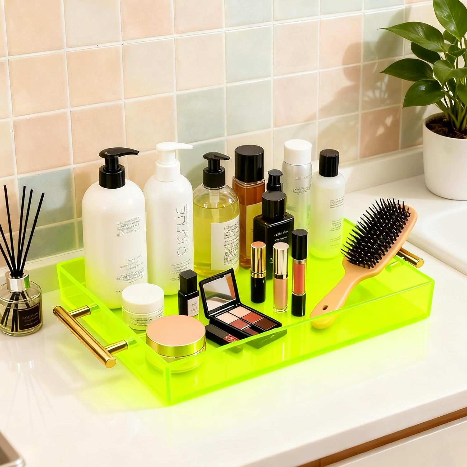 Acrylic Serving Tray with Handles Large Ottoman Food Decorative Tray for Coffee Table Tea Fruit Snack Kitchen Bar Platter, 17x13’’, Neon Green