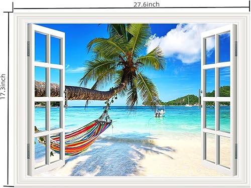 Miniatura 2 de Pintura autoadhesiva 3D, calcomanías de pared falsas para ventana, isla tropical con palmeras, mural de pared, vista de ventana, decoración de pared
