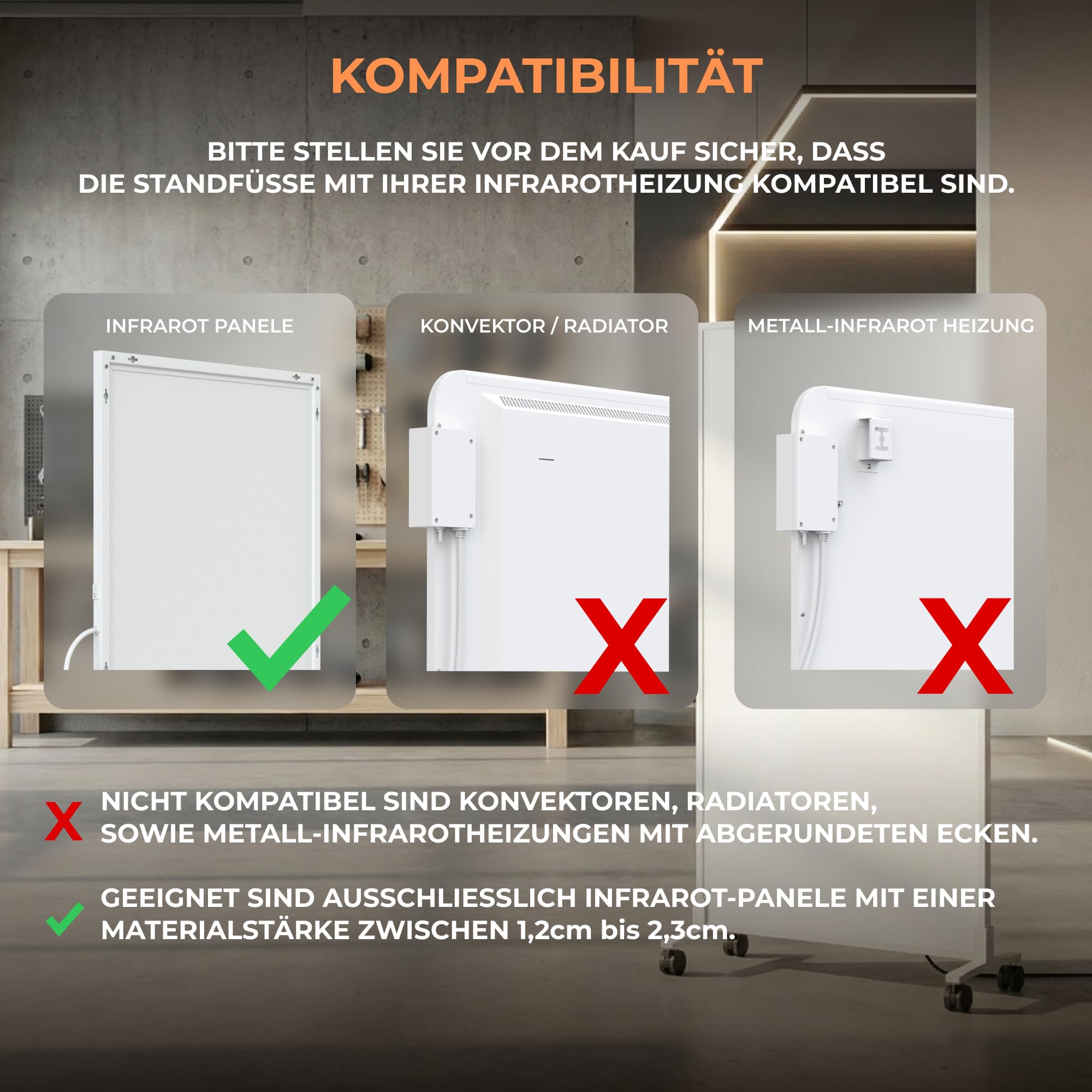2 x poten voor infraroodverwarmingen, universeel – robuuste poten voor vrijstaand gebruik van de elektrische verwarming – geschikt voor verschillende merken en modellen met frame
