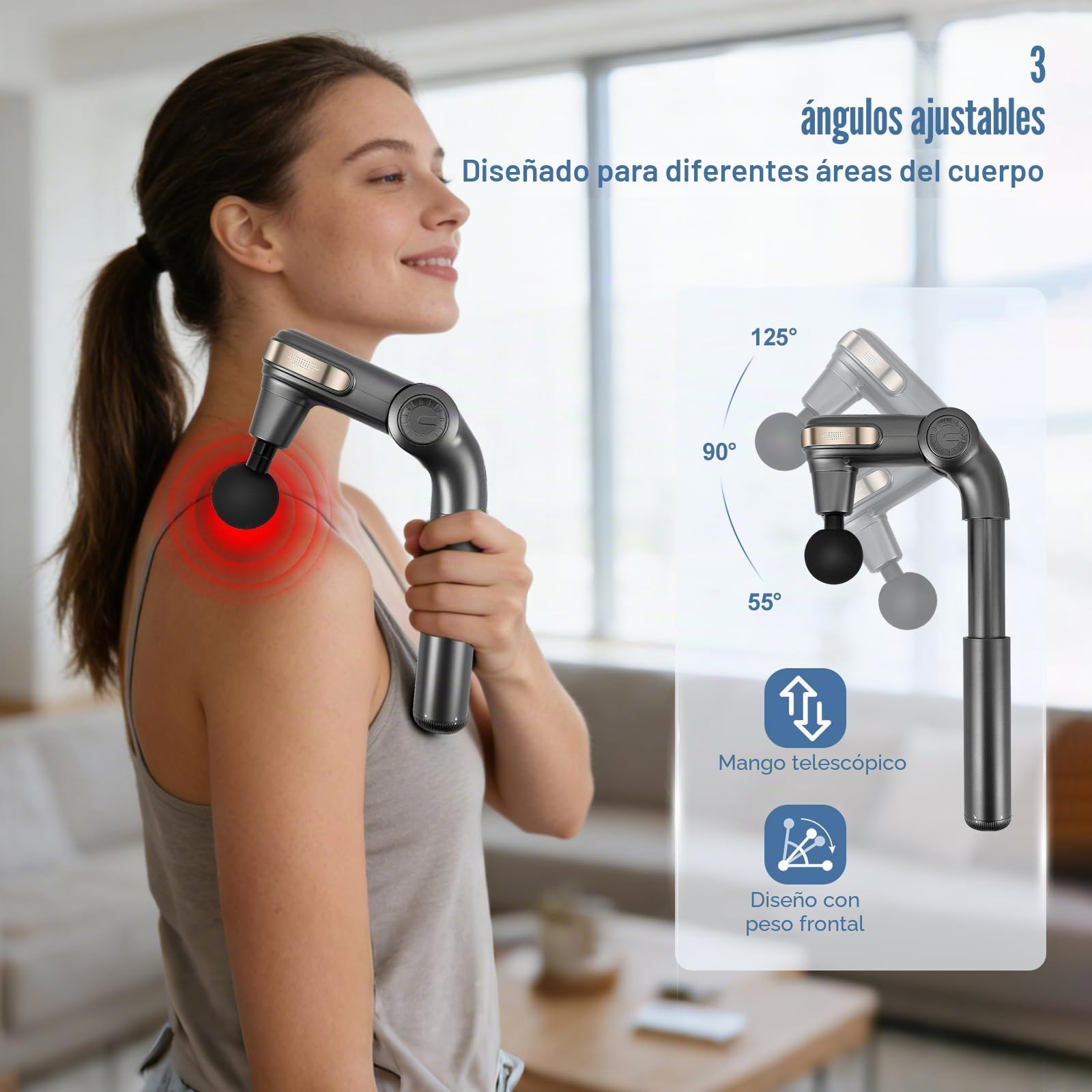 Pistola de masaje de tejido profundo – 3 ángulos ajustables, 4 cabezales, 5 velocidades – Masajeador muscular portátil (2800 RPM) para el hogar, el gimnasio y la relajación muscular