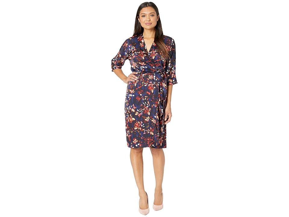 

Maggy London Painted Bloom Printed Charmeuse Wrap Dress with Side Cascade (Navy/Coral) Women's Dress