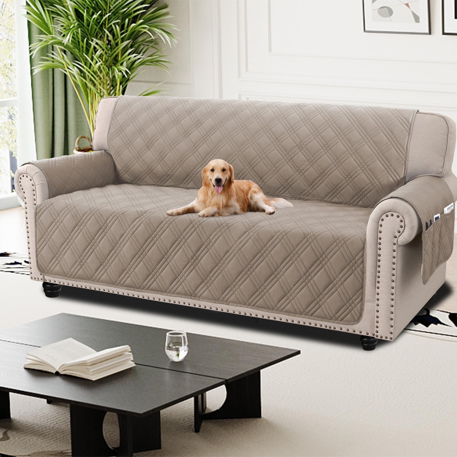 H.Versailtex Grey Sofa Covers 3 Seater, 100% Waterproof Couch Covers with Side Pocket, Non Slip Sofa Protectors From Pets