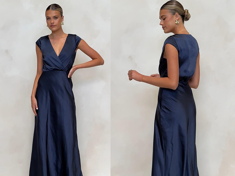 satin v neck wrap maxi dress Women's Satin V Neck Balloon Sleeve Bias Midi Dress, Olive