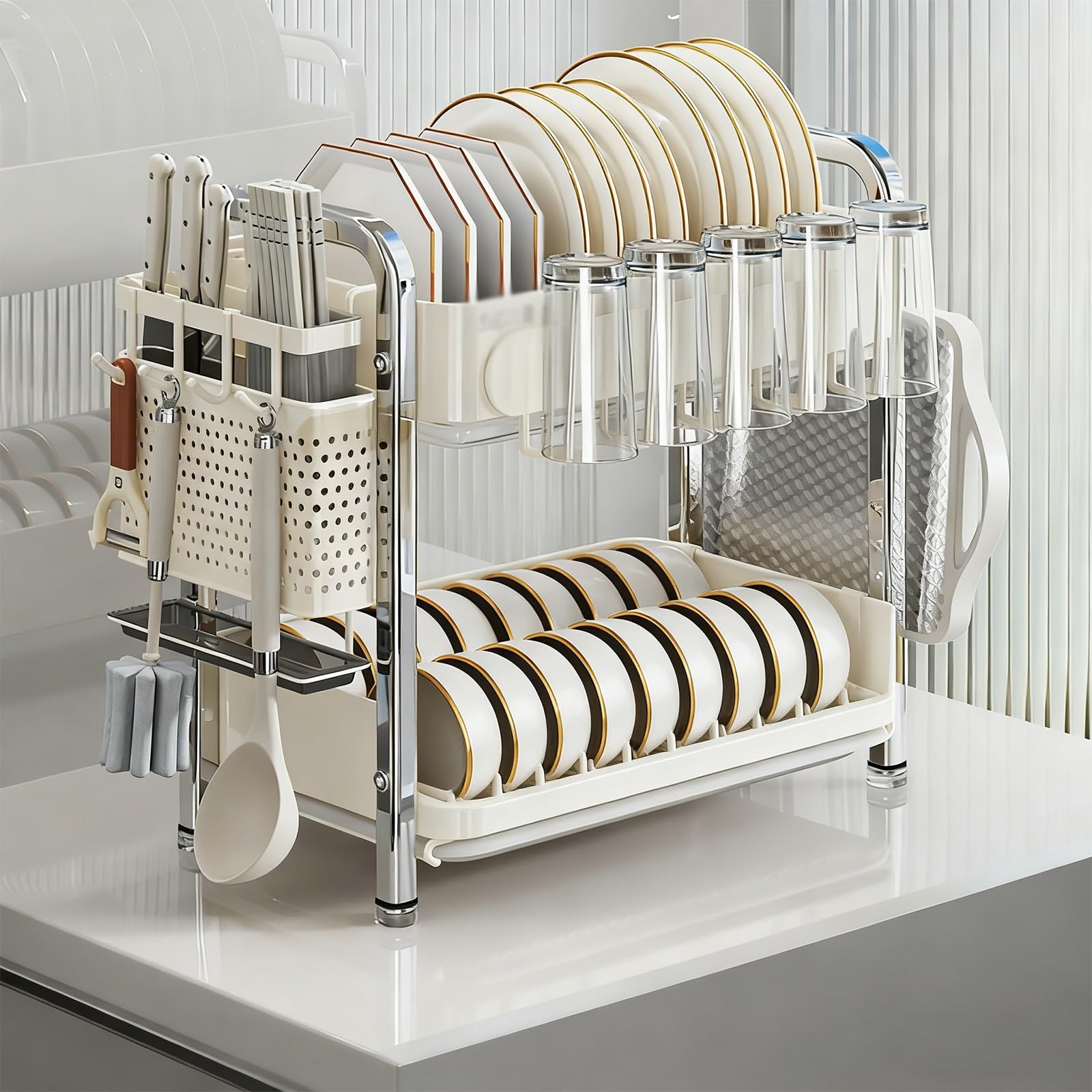 Égouttoir à vaisselle double couche avec plateau de vidange et support de planche à découper pour le rangement des ustensiles de cuisine