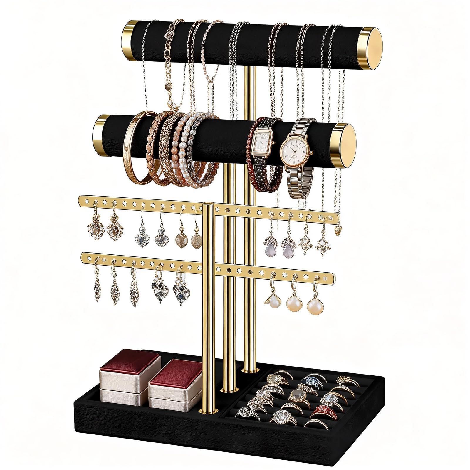 Porte Bijoux Femme à 3 Niveaux, Support de Rangement Bijoux Amovible en Velours, Organisateur de Porte-Bracelets, Presentoir Bijoux pour Bracelets, Colliers, Montres, Bagues