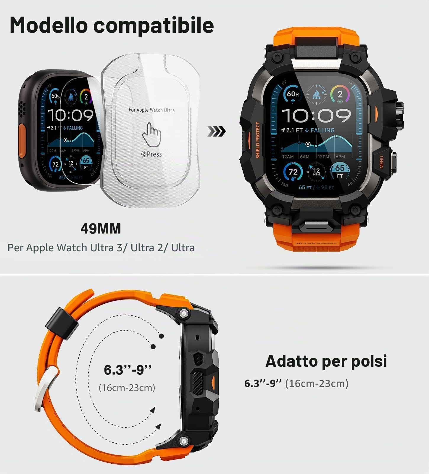 ULTIMAL Custodia robusta con cinturino per Apple Watch 49 mm, compatibile con Apple Watch Ultra 3/2/1, custodia antiurto di grado militare per iWatch Tactical Band da uomo