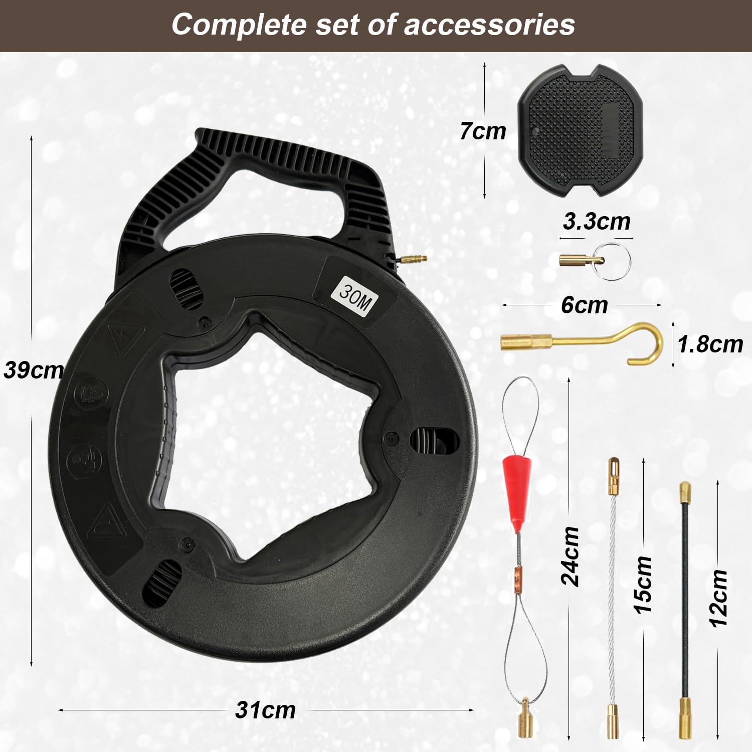 Sonda Passacavi in Fibra di Vetro 30m Sonda Elettricista Fish Tape 3,8mm Sonda Tiracavi Cavo Estrattore Cavi incl. 6 Adattatori Per Cavi Elettrici Tubi Vuoti Sonda Elettricista Infrangibile