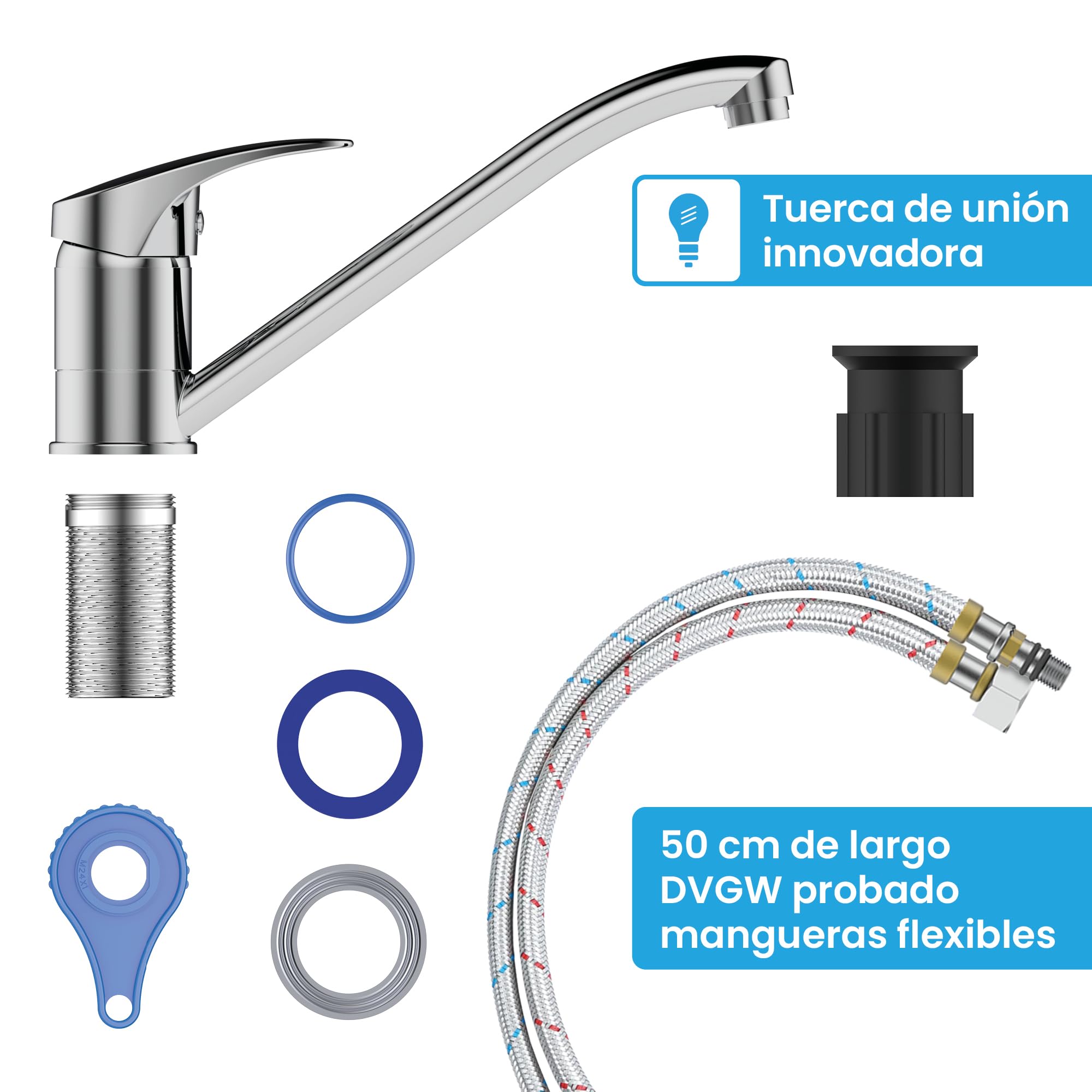 Bächlein Grifo de Cocina Giratorio 360 Grados (Cromo)- Mezclador Monomando de Fregadero Cromado con Caño Giratorio 360°, Grifo Para la Cocina en Diseño Extra Sólido