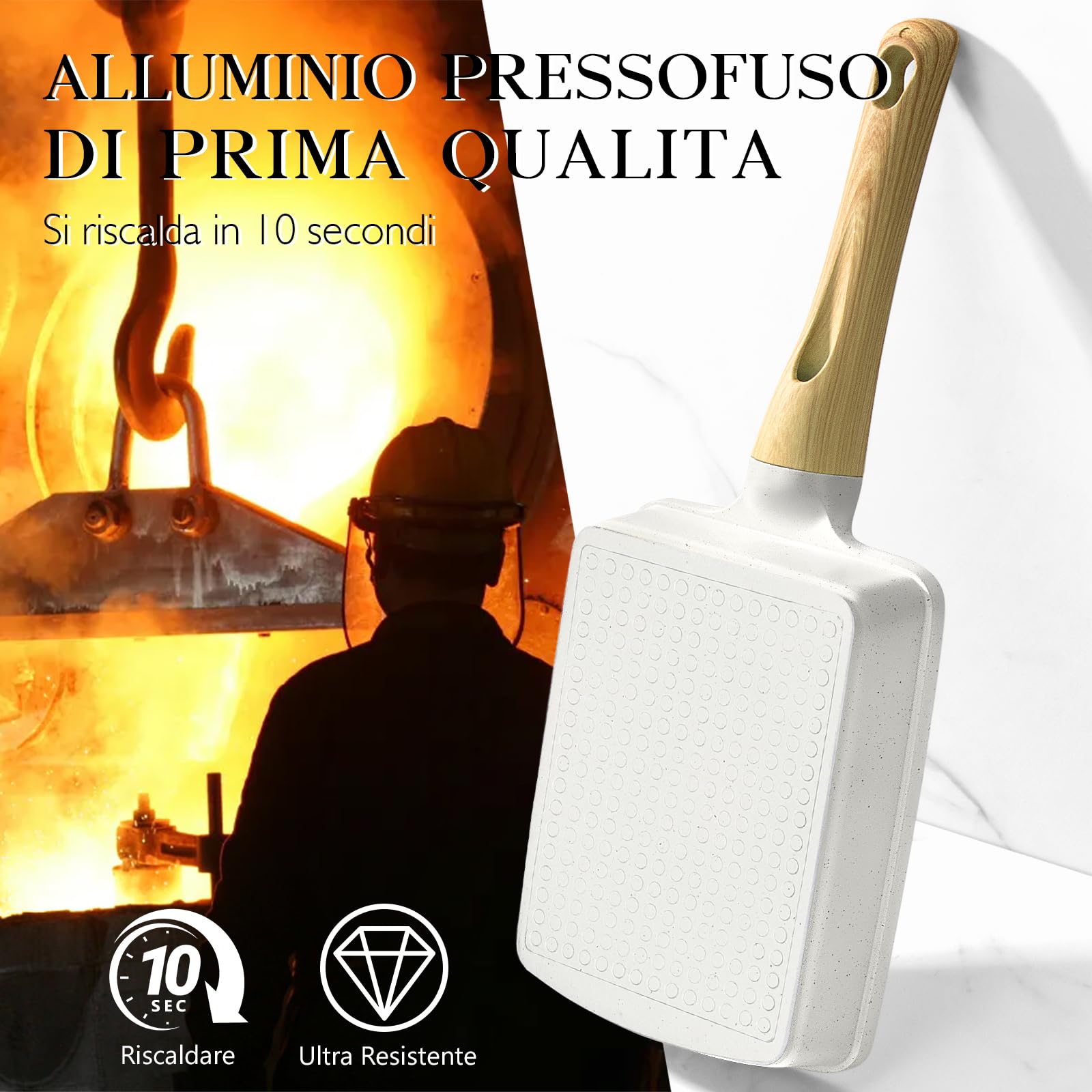 GiPP Padella per frittate antiaderente, padella per colazione a 3/4 fori, frittata giapponese Tamago-yaki, frittata antiaderente in granito, senza PFOS/PFOA (Bianco, tamagoyaki)