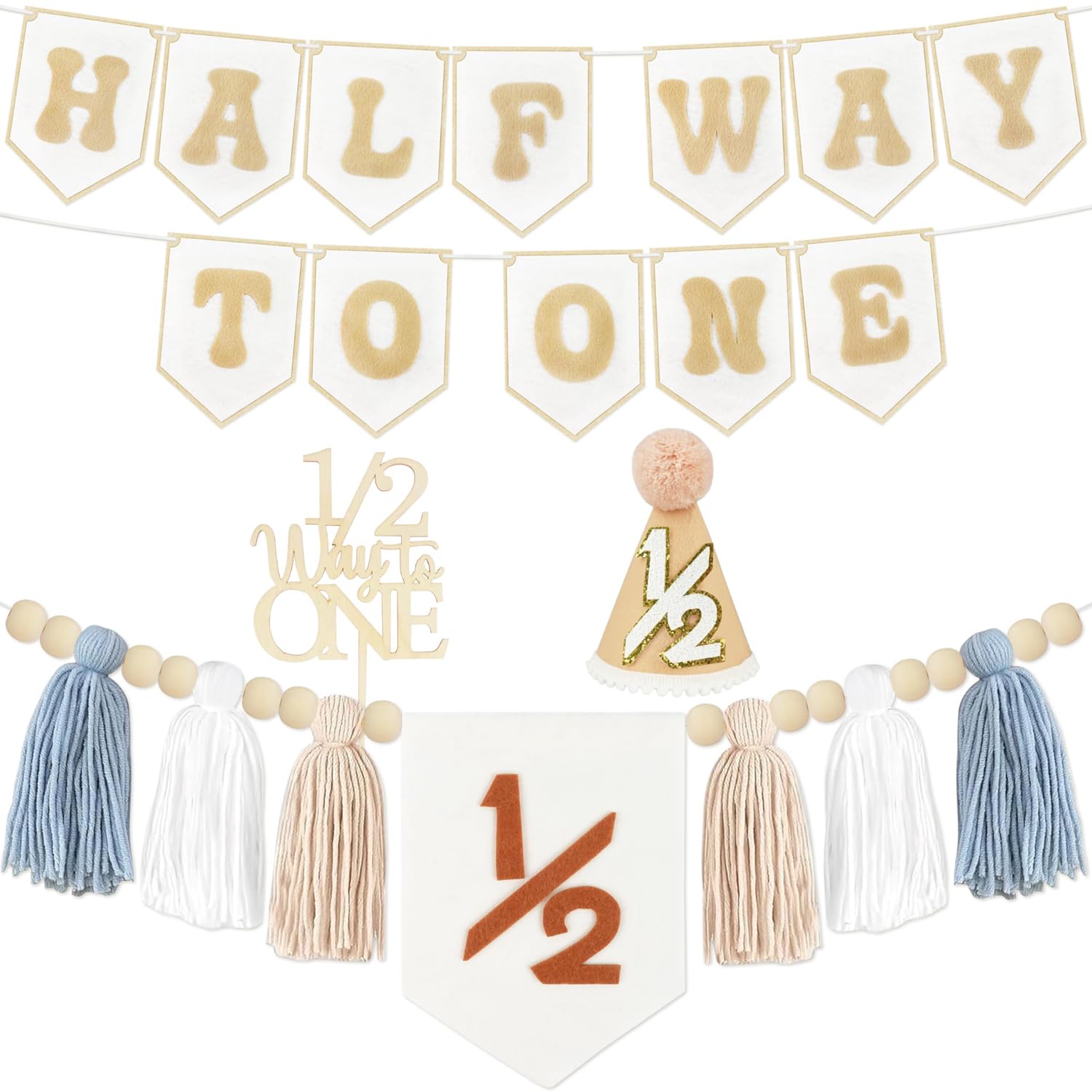 1/2 Birthday Boy Half Birthday Decorations - Half Way to One Banner Cake Topper Tassel Wood Bead High Chair Banner Hat for Boys and Girls 6 Months Birthday Decorations Party Supplies — image 1
