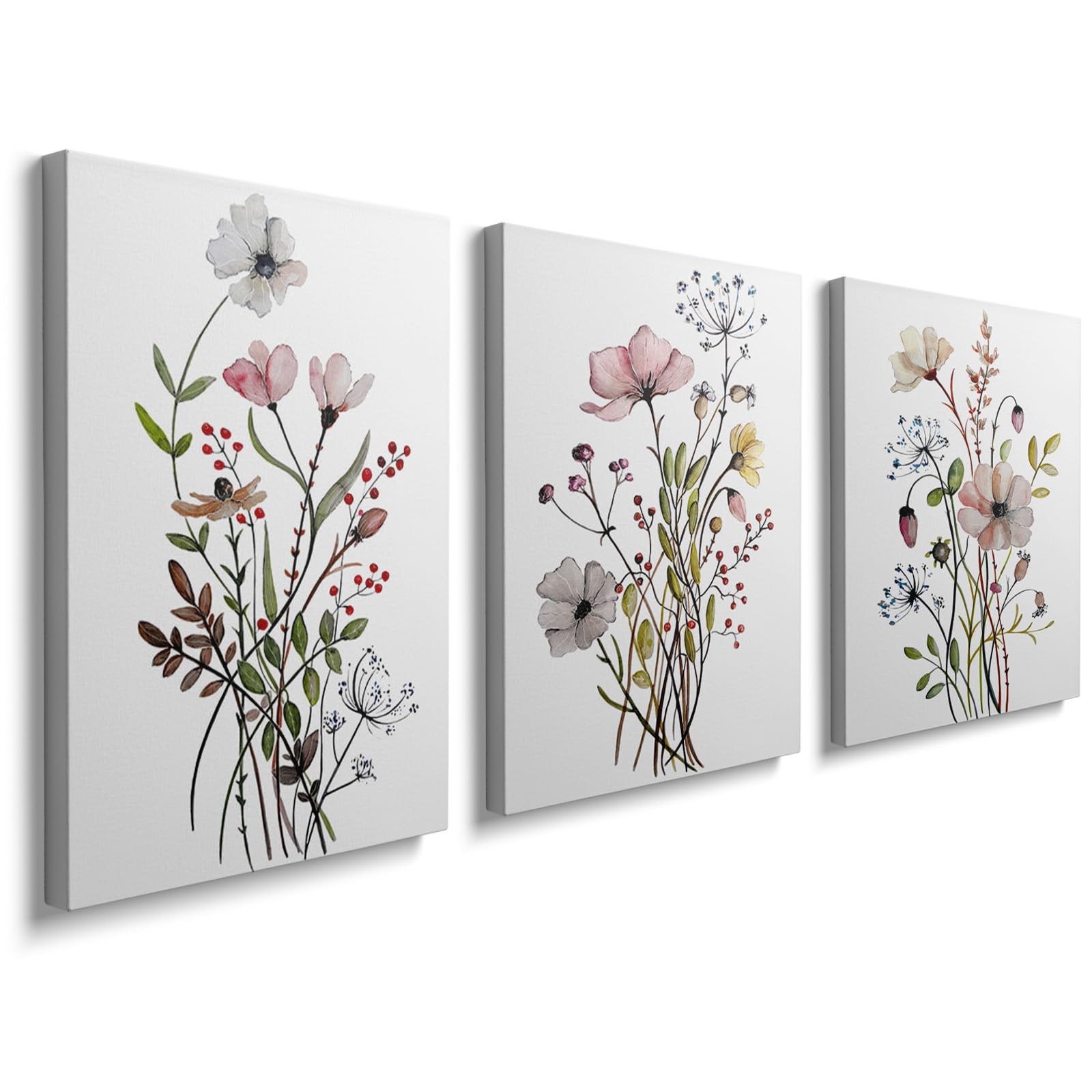 prinfantasy Wooden Framed Canvas Wall Art Watercolour Colourful Flowers Painting Prints Pictures for Living Room Bedroom Wall Decor 30x40cm x 3pcs H1001
