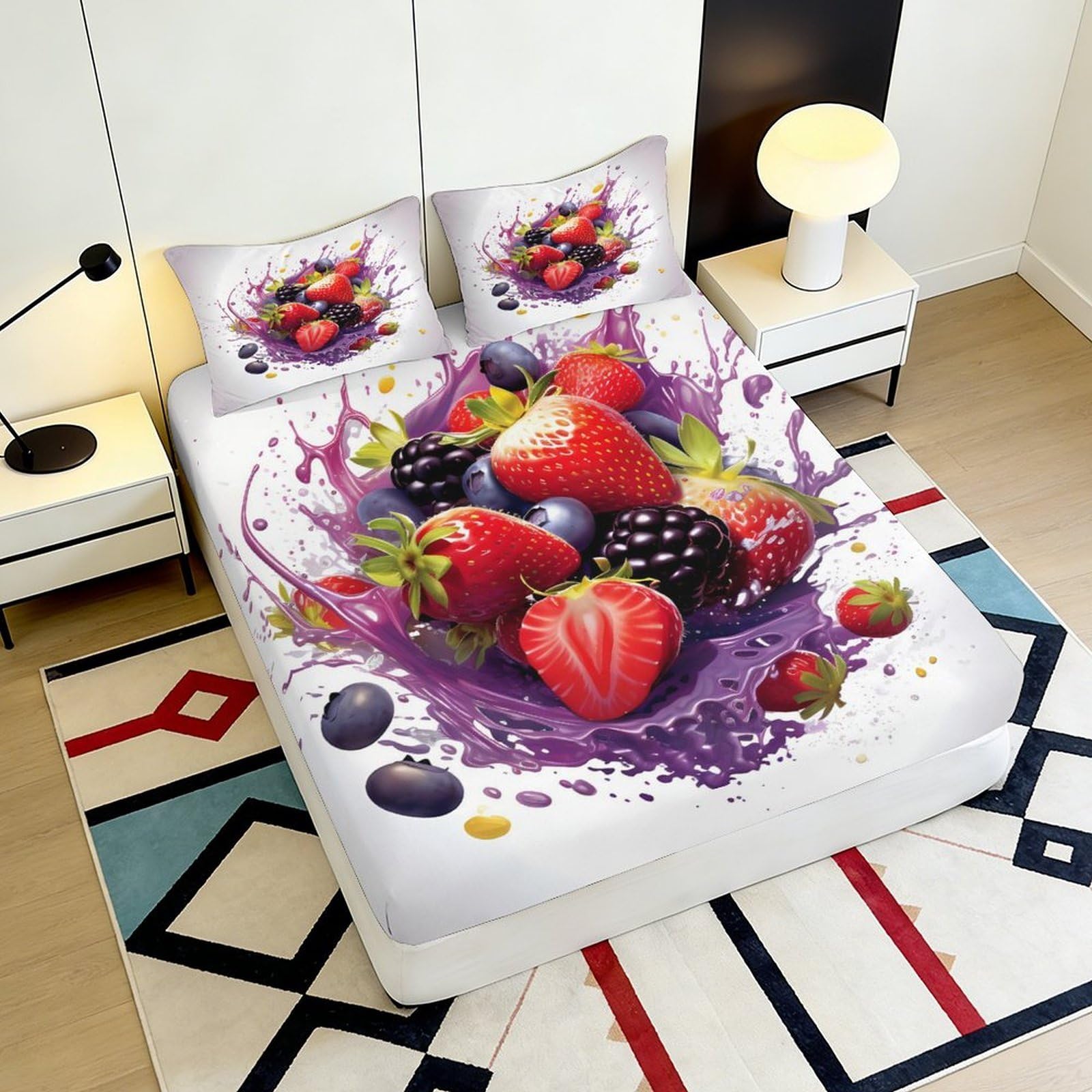Lenzuolo con angoli con stampa 3D, motivo bacche, in microfibra, antiscivolo | morbido, coprimaterasso, facile da pulire, traspirante, lavabile in lavatrice, 180 x 200 x 25 cm